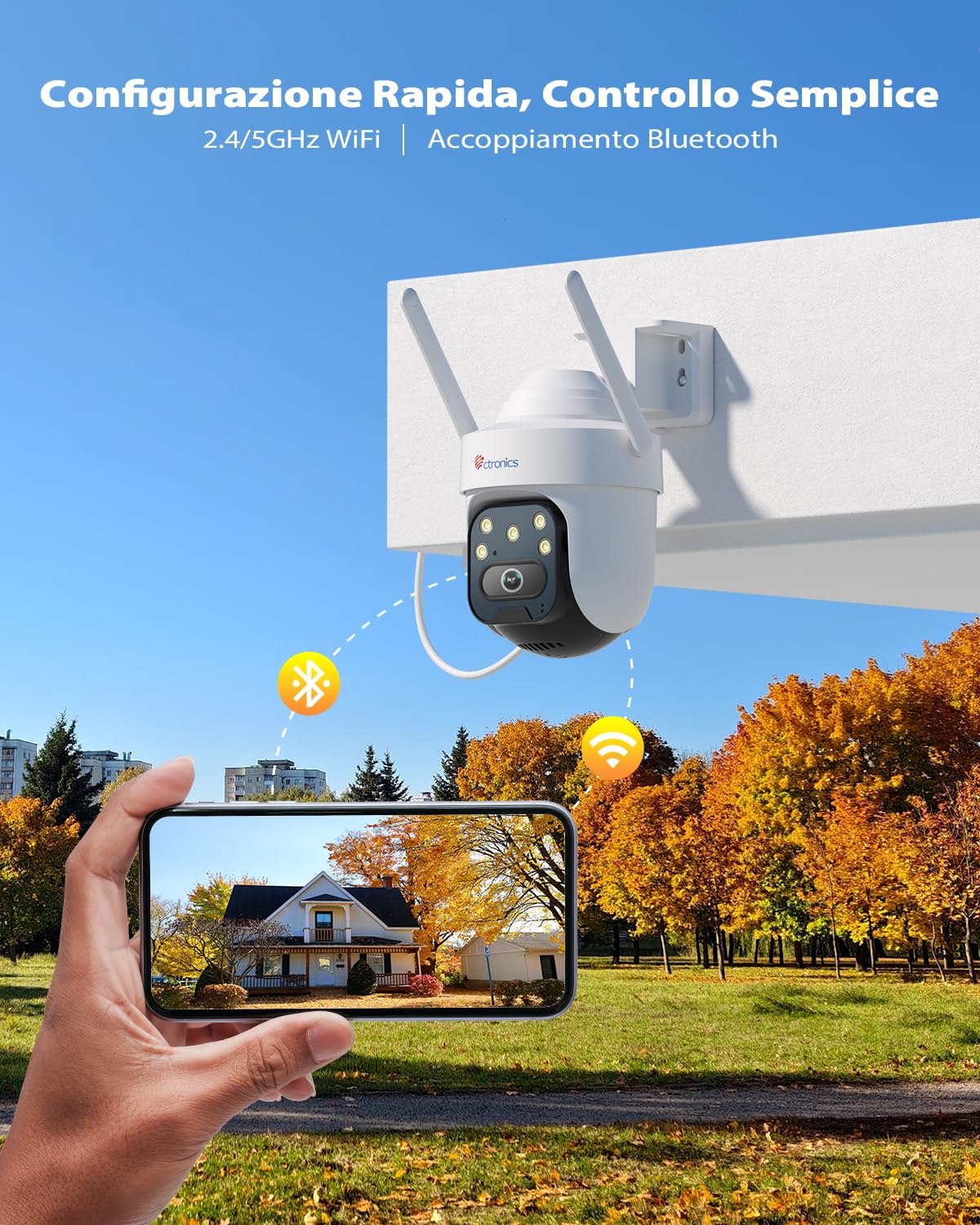 Ctronics 5MP Telecamera Wi-Fi Esterno,PTZ Videocamera Sorveglianza Esterno | Rilevamento AI Tracciamento Auto, Visione Notturna Colori 30M, WiFi 2.4/5GHz, Audio Bidirezionale, 128GB TF/Cloud/FTP