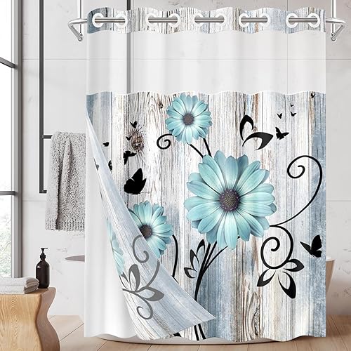 Miniatura 8 de Cortina de ducha rústica de granja sin gancho con juego de forro de tela a presión, flores de margarita azul y mariposa en doble capa de madera