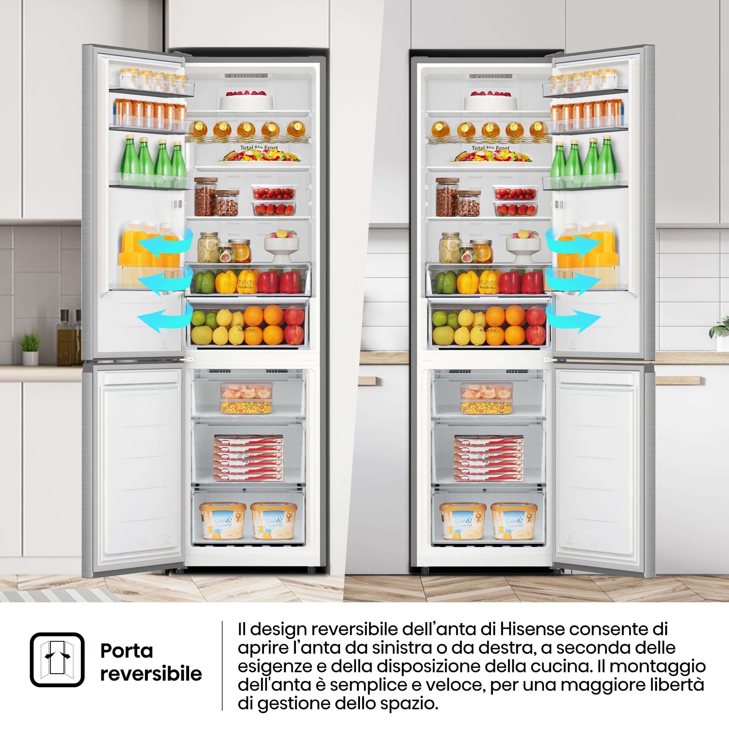 Hisense MC60336CI Frigorifero Combinato Total No Frost, Inox, 200x60 cm, Risparmio Energetico Classe C, Grande capacità 336L, Bassa Rumorosità 35db, Porta reversibile, Motore inverter