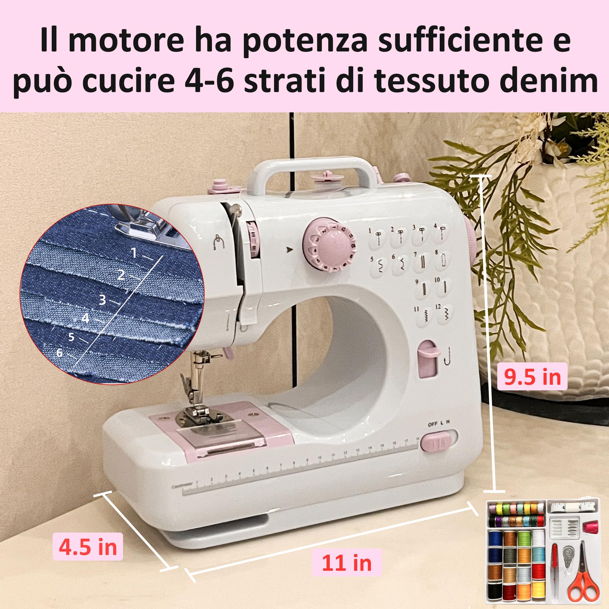 Mini macchina da cucire elettrica, cucitura inversa e 12 punti incorporati, macchina da cucire portatile a doppia velocità DLUFYEI, adatta per kit da cucire per viaggi di famiglia
