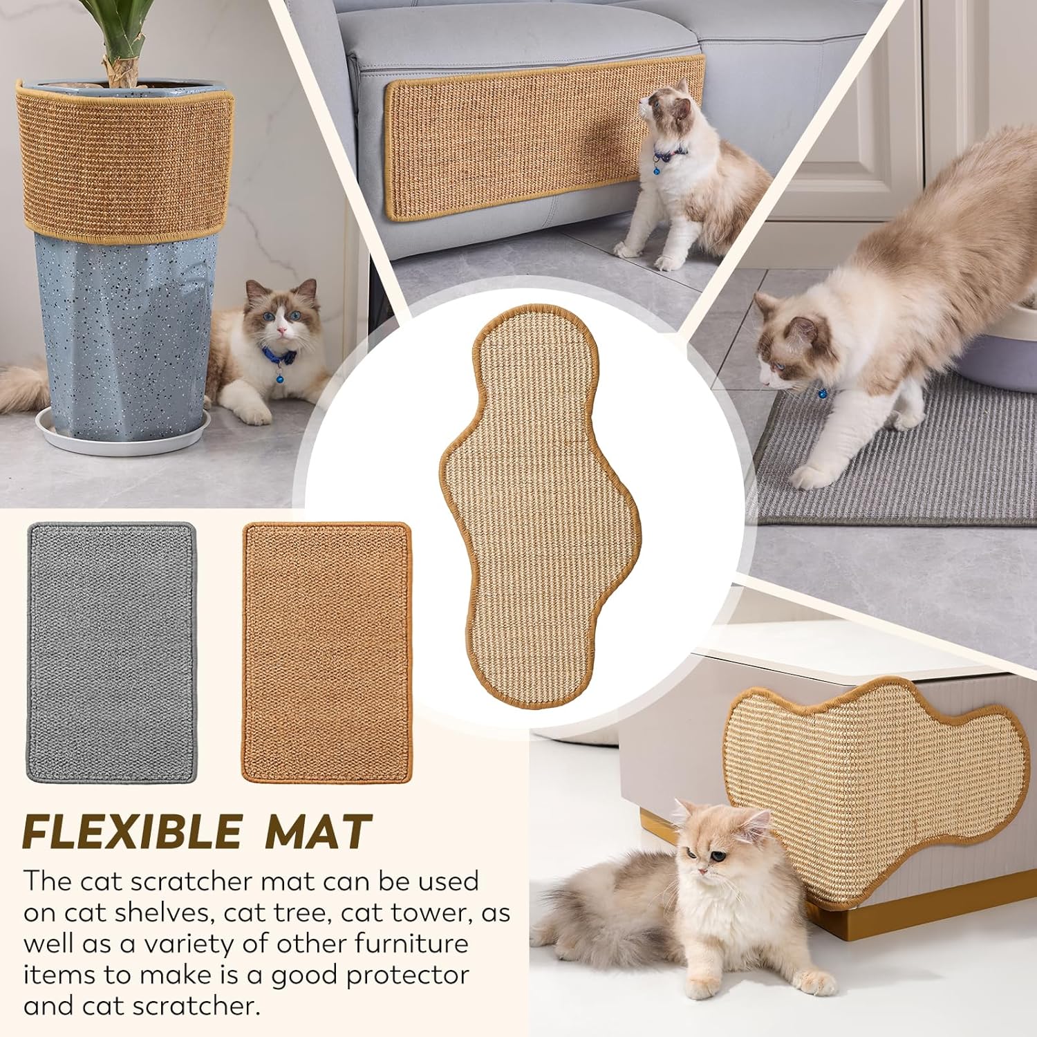 2PCS Natural Sisal Fabric Large 23.6" x 15.7" Cat Scratching Pad for Indoor Cats Scratcher Mat with Sticky Tapes Horizontal Cat Scratcher for Scratching Posts Couch Protection(Camel, 2 Pack)