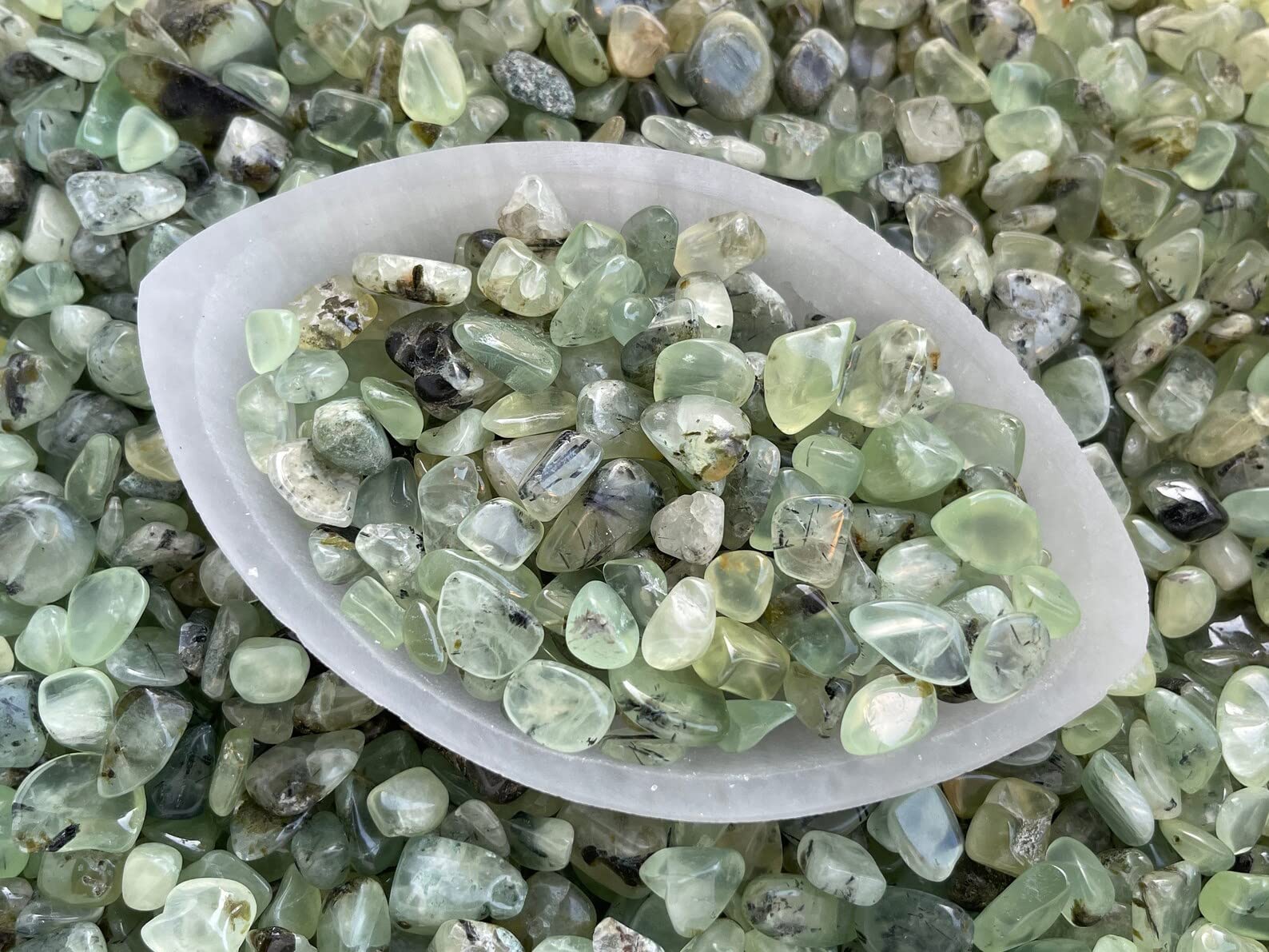 GAF TREASURES 2 oz Lot Natural Semi Tumbled Gemstone Chips, Crushed Mini Crystals, Undrilled Crystal Chips (Green Prehnite)