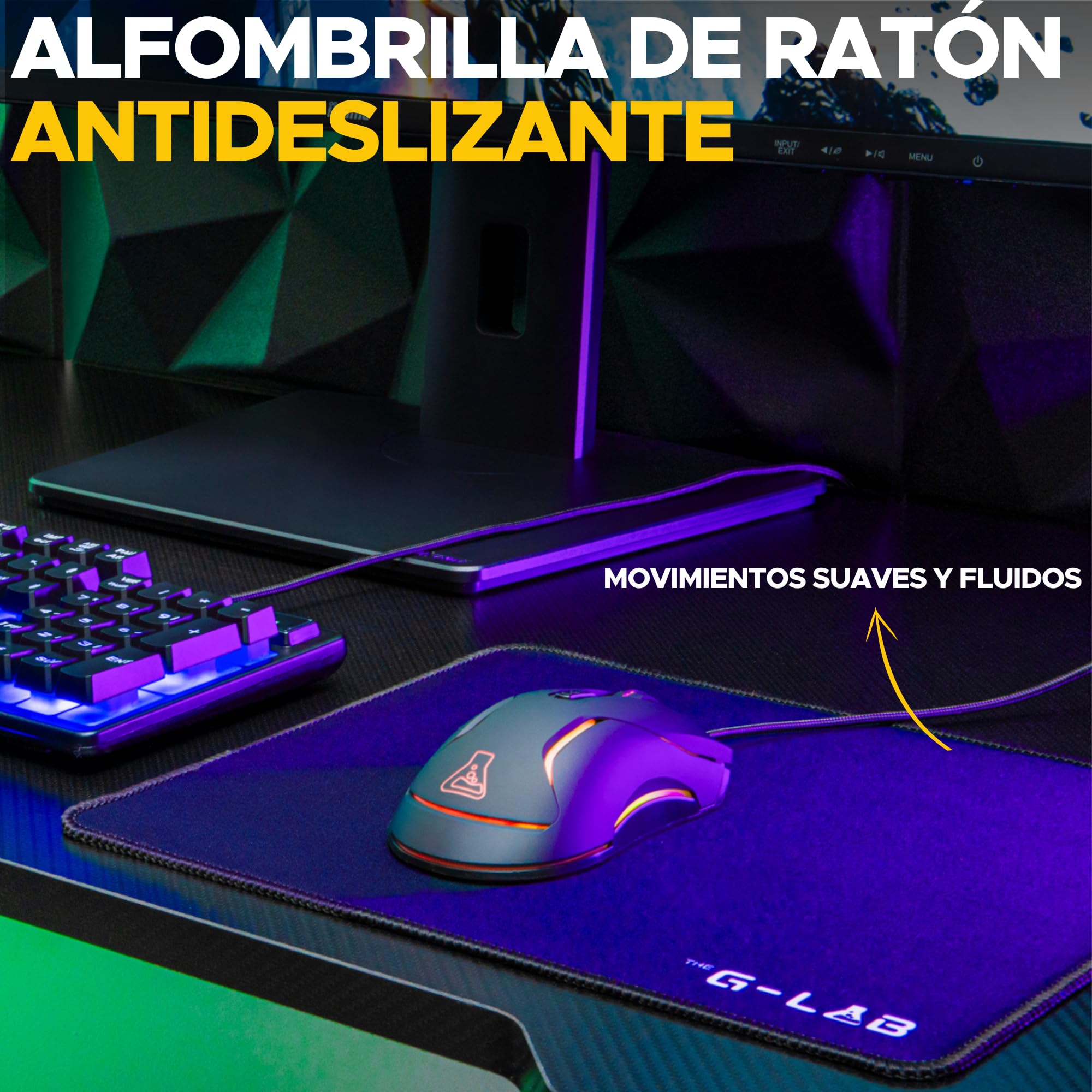 The G-Lab - Combo Sulfur - Pack 4 en 1 - Teclado Gaming QWERTY con Ñ, Ratón Gamer 3600 dpi, Auriculares Gaming, Alfombrilla Antideslizante para Juegos – PC, PS4, PS5, Xbox - Layout Espanol