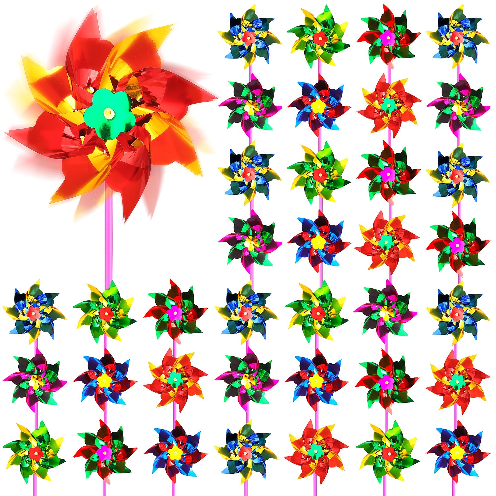 Vivantia 36 Pcs Holographic Rainbow Wind Spinners DIY Pinwheel Windmill for Garden Yard, Family Garden Toy Outdoor Party Pinwheels Decorations, Multi-color