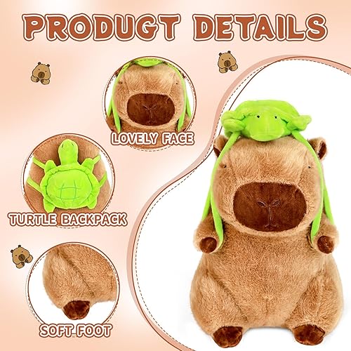 Miniatura 3 de Capybara - Peluche de 11.8 pulgadas con mochila de tortuga, animales de peluche Capybara suaves, regalos para abrazar, almohada de muñeca Capybara