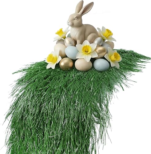 XLX TURF Camino de mesa de césped falso para decoración de fiesta de Navidad, 13 x 36 pulgadas, centro de mesa de paja verde, manualidades para