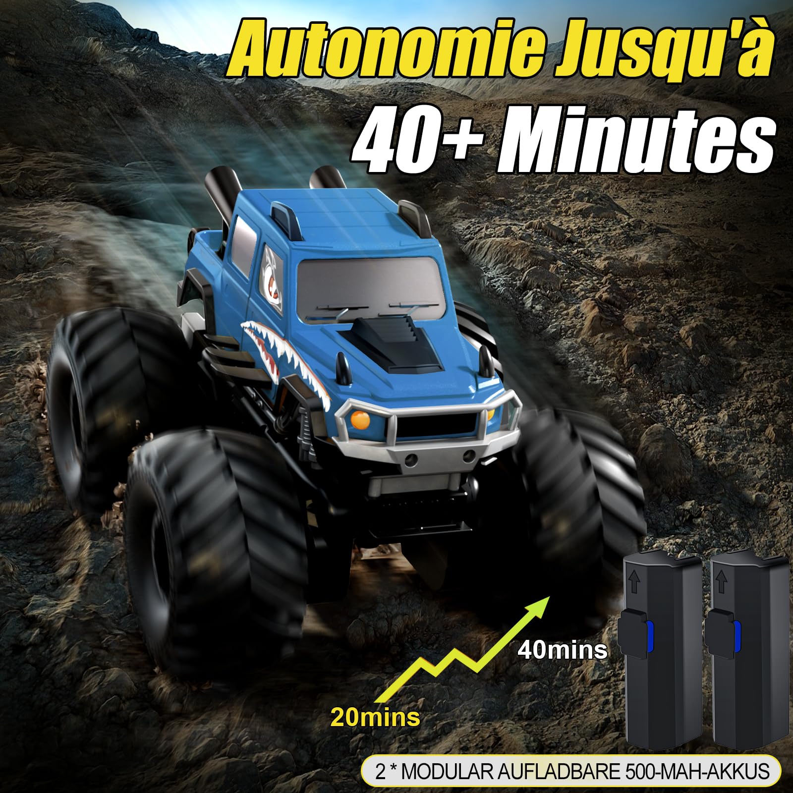 Voiture Télécommandée Tout Terrain Amphibie, 4WD Voiture Stunt Tout-Terrain 360°Rotation Étanche Double Côté Monster Truck Jouet Enfant 6-12 Ans pour Sable, Eau, Jardin(Bleu)