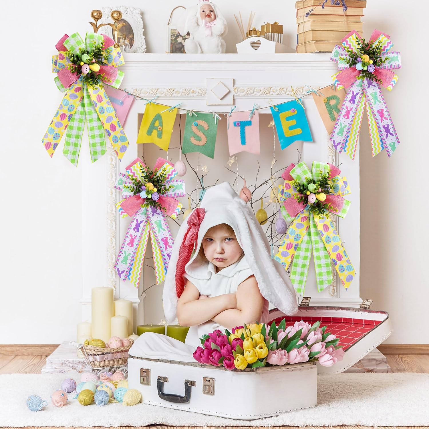 2 Pack Large Easter Wreath Bows, 12 x 20 Colorful Spring Easter Basket Bows with Easter Eggs and Bunny Rabbit Pattern, Multilayer Burlap Tree Topper Bows for Wreath Decoration Front Door Wall Decor