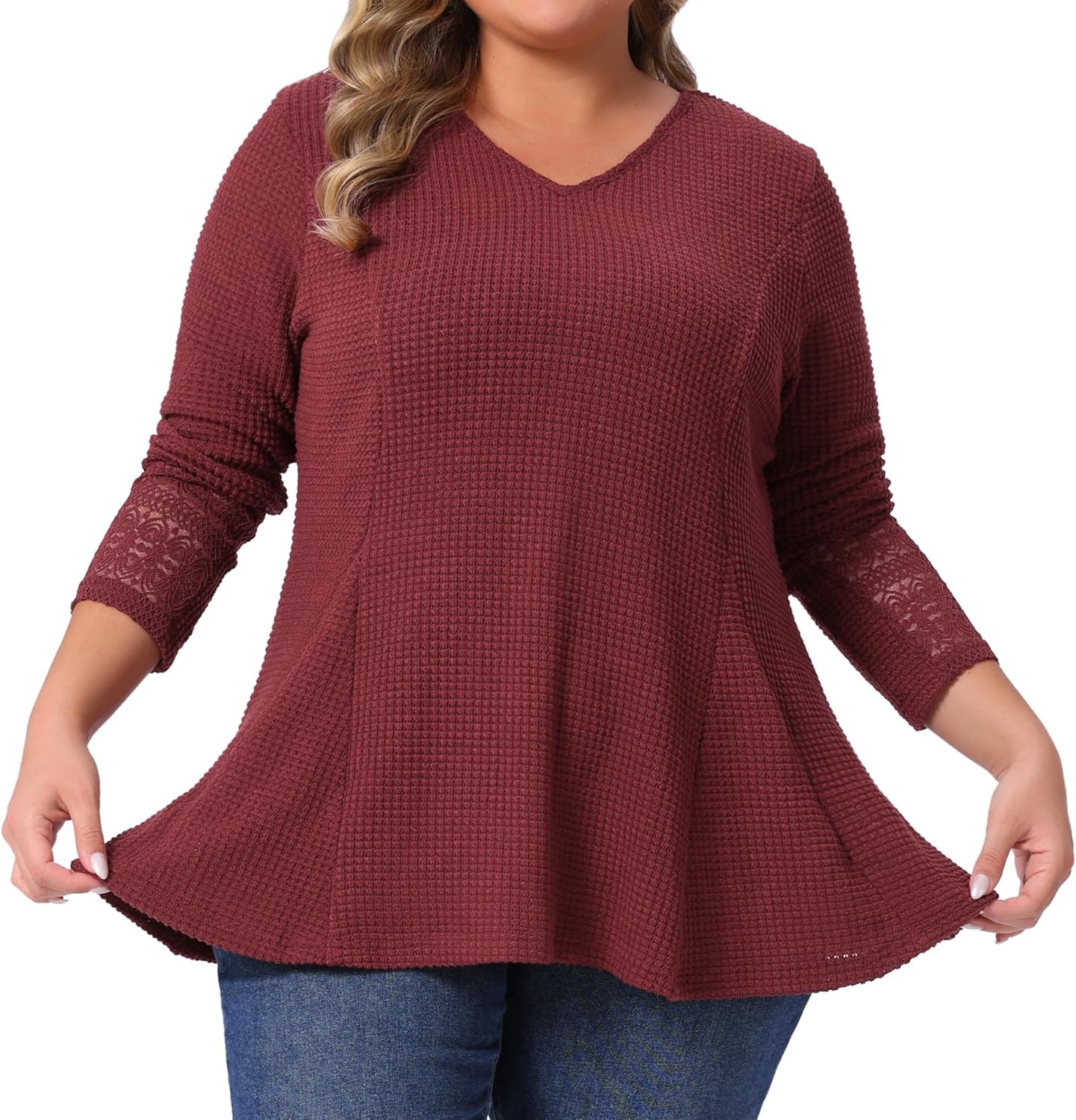 Agnes Orinda Plus Size Waffle Knit Tops for Women V Neck Lace Patchwork Long Sleeve Lightweight Flowy Blouse - Image 2
