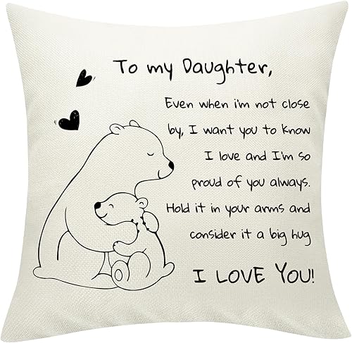Sunia Regalo para hija de mamá papá, funda de cojín decorativa de lino, divertida funda de almohada con diseño de oso abrazo de 18 x 18 pulgadas, "I