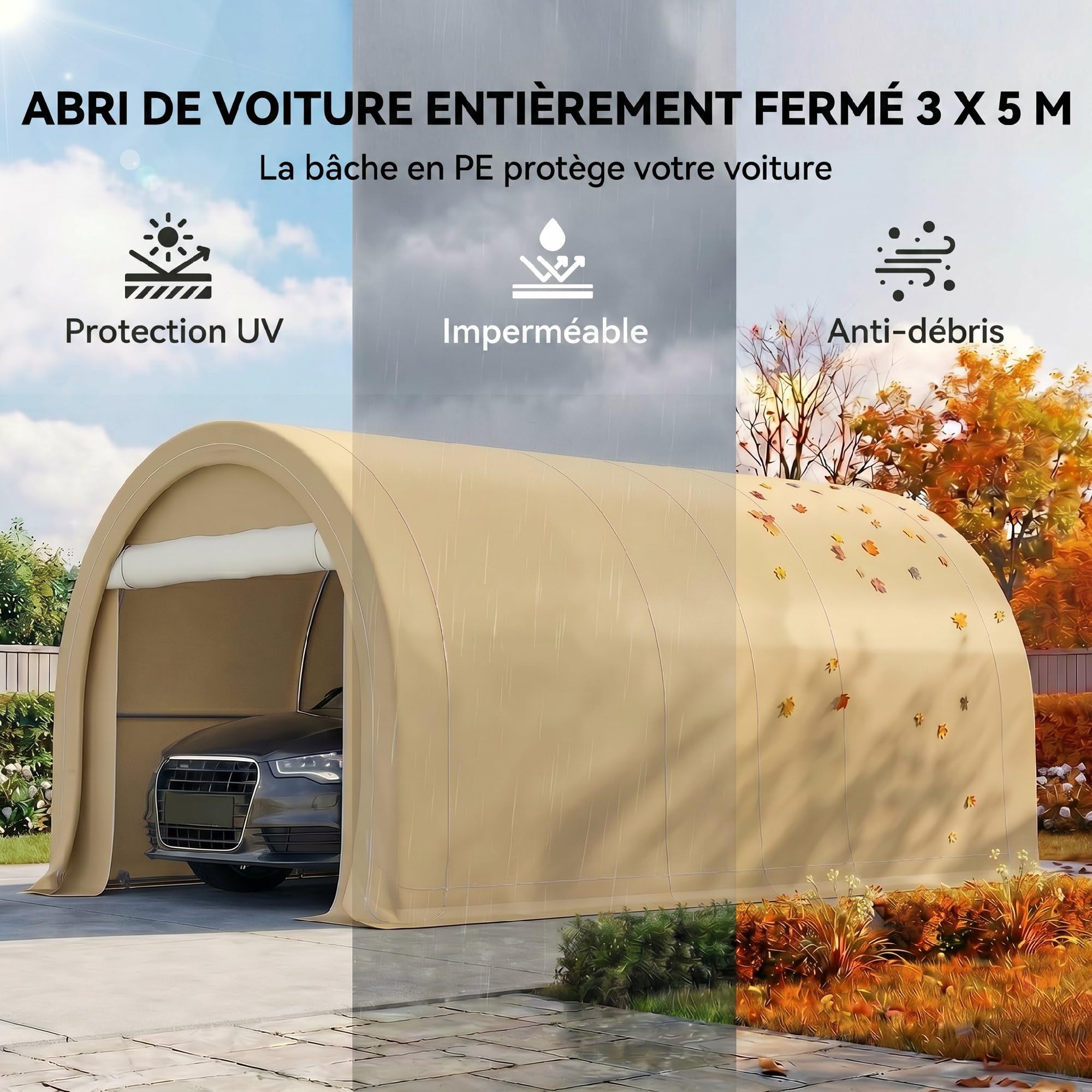 Outsunny Carport Tente de Garage 5 x 3 x 2,4 m, abri Voiture extérieur, Tente de Stockage avec Porte Enroulable zippée, Acier galvanisé, PE Haute densité 190 g/m², Beige