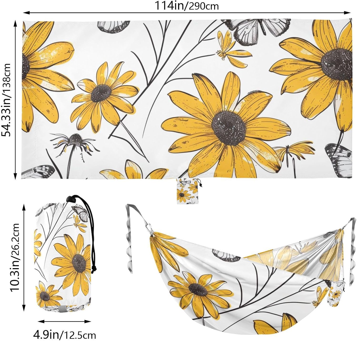 Yellow Daisies and Butterflies White 330lb Capacity Outdoor Hammock Cloth Hammock for Camping & Hiking Essential accesorios para Camping