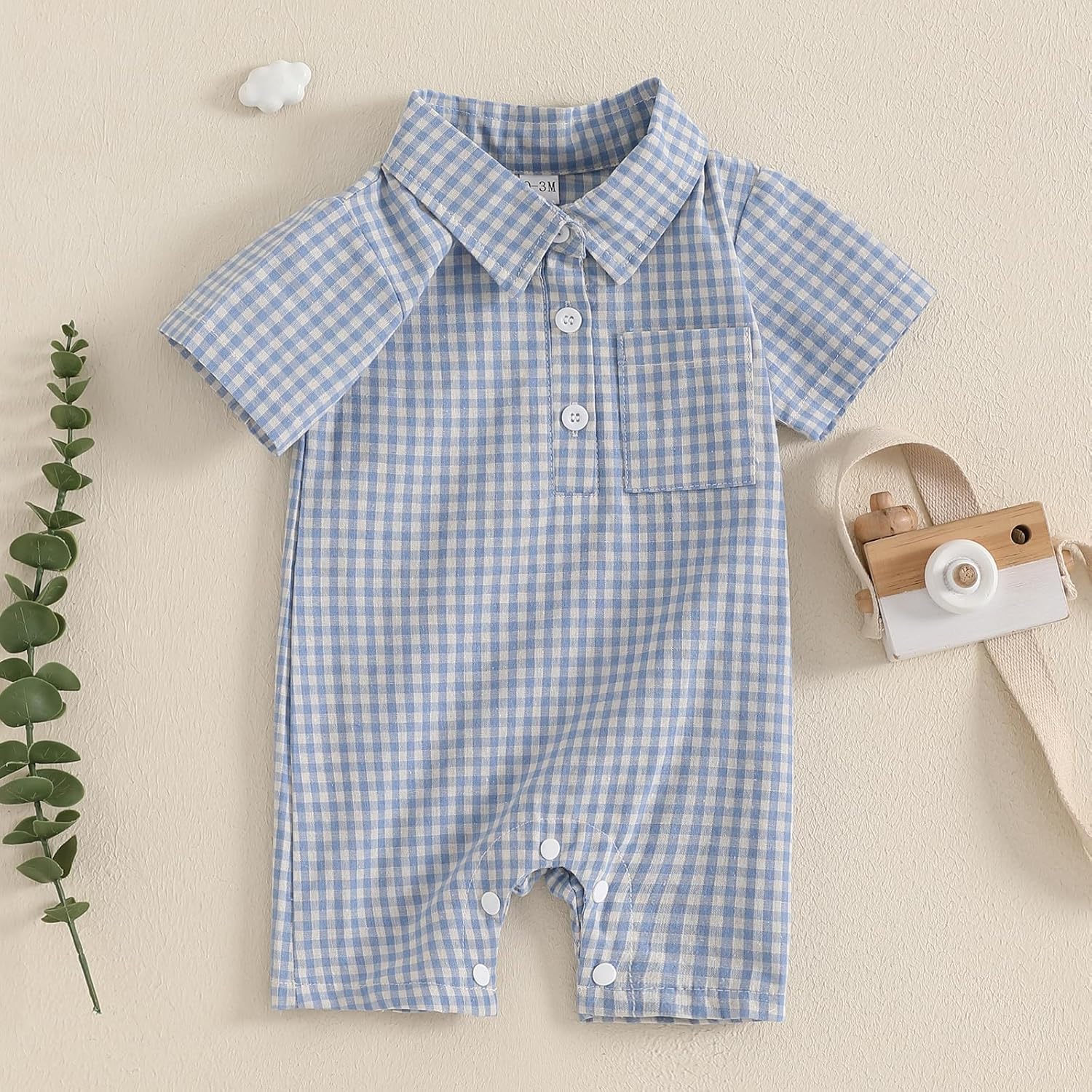 Karuedoo Newborn Baby Boy Clothes Gingham Short Sleeve Collared Romper Jumpsuit Plaid Button Down Bodysuit Summer Outfit - Image 3