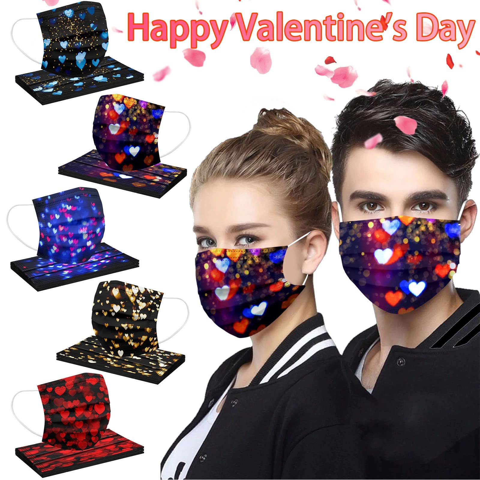 50Pcs Women's Disposable Valentines Masks Valentines Day Holiday Adult Face Mask Couple Love Anti-Dust with Hearts