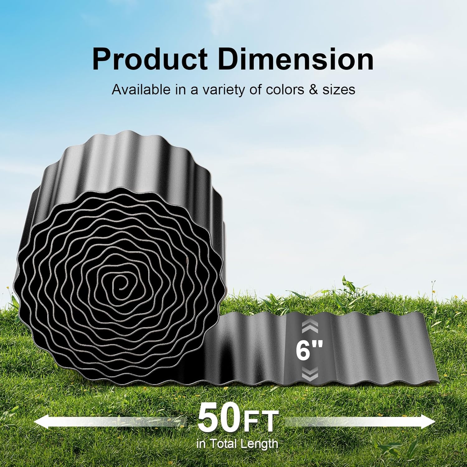 land guard corrugated garden edging border, 6" x 50' landscape paver edging, tall landscape edging, fence for garden, flower bed, lawn and landscape edging (glossy black) glossy black 6 inch×50 ft