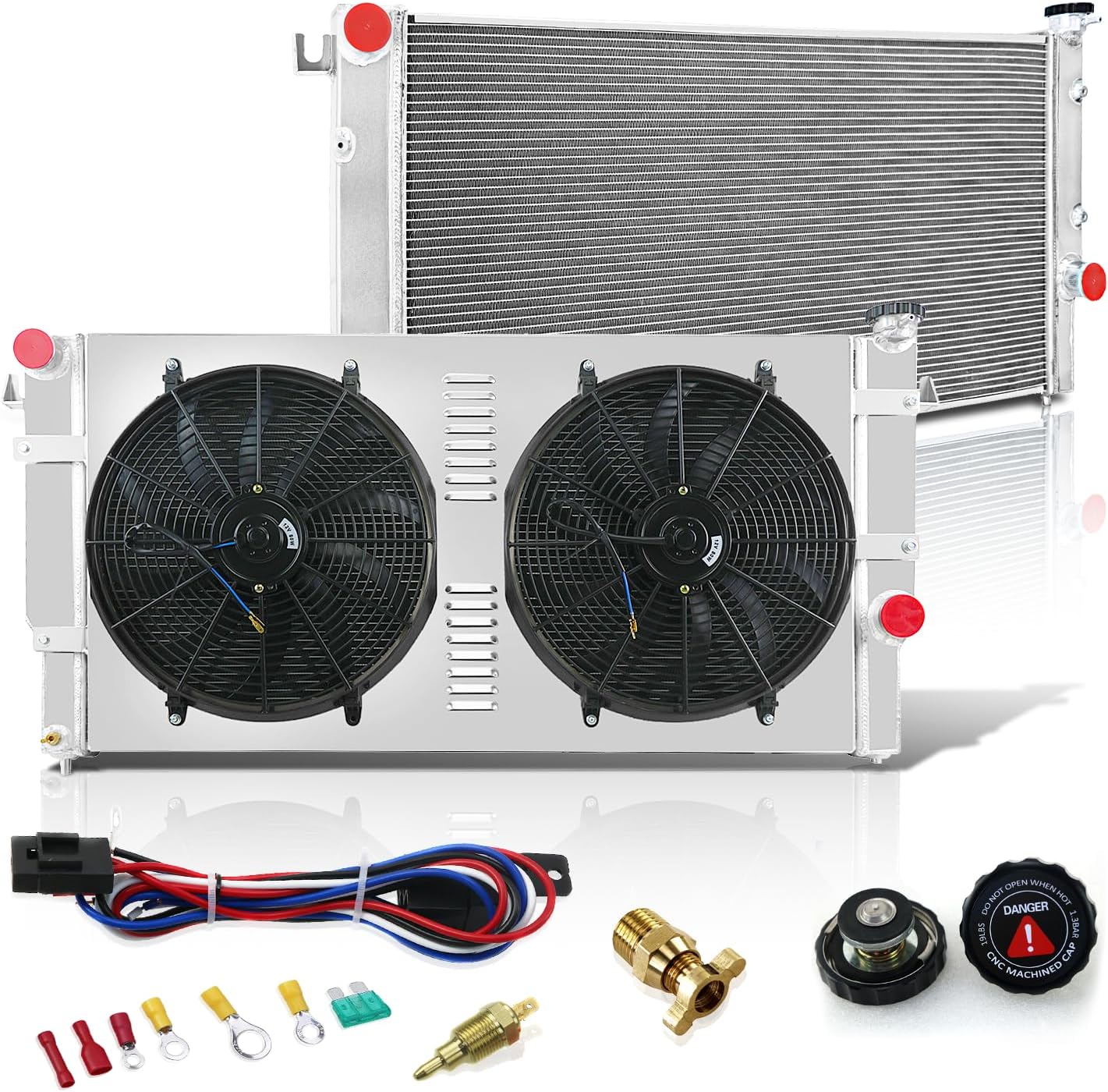 1/2/3/4 Row Aluminum CU1553 Radiator + 2 x 16" Fan Shroud + Relay Compatible with 1994-2002 Dodge Ram 2500/3500 Quad Cab 5.9L L6 V8 Turbo Diesel Cummins (4 Row Radiator Fan Shroud)