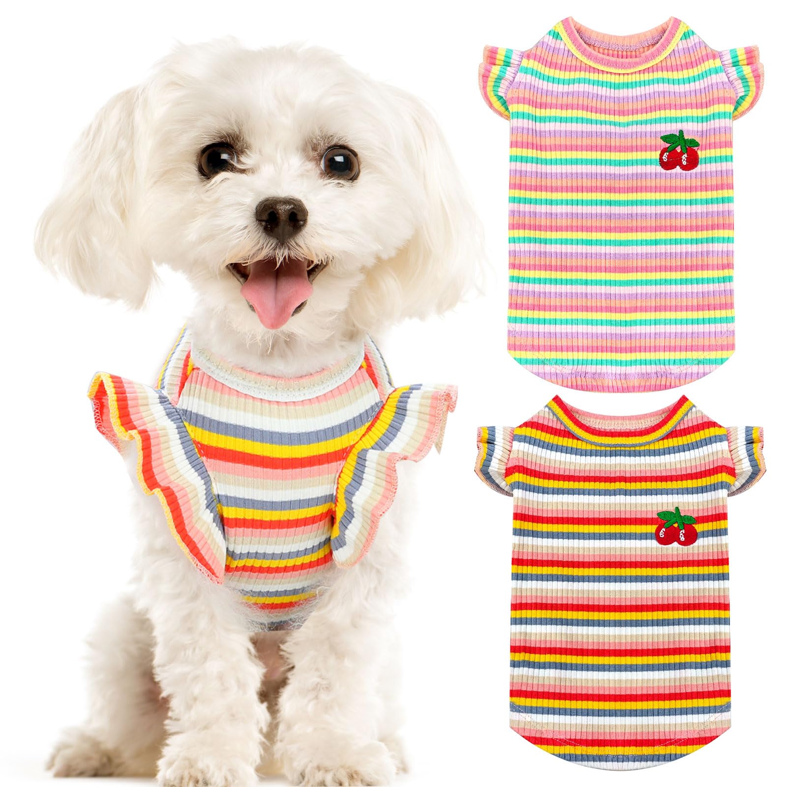 XGDMEIL 2 Pack Cute Striped Small Dog T Shirts Soft Cotton Girl Dog Clothes Breathable Pet Puppy Cats Vest Spring Summer Pet Outfits（Pink+Orange,Small