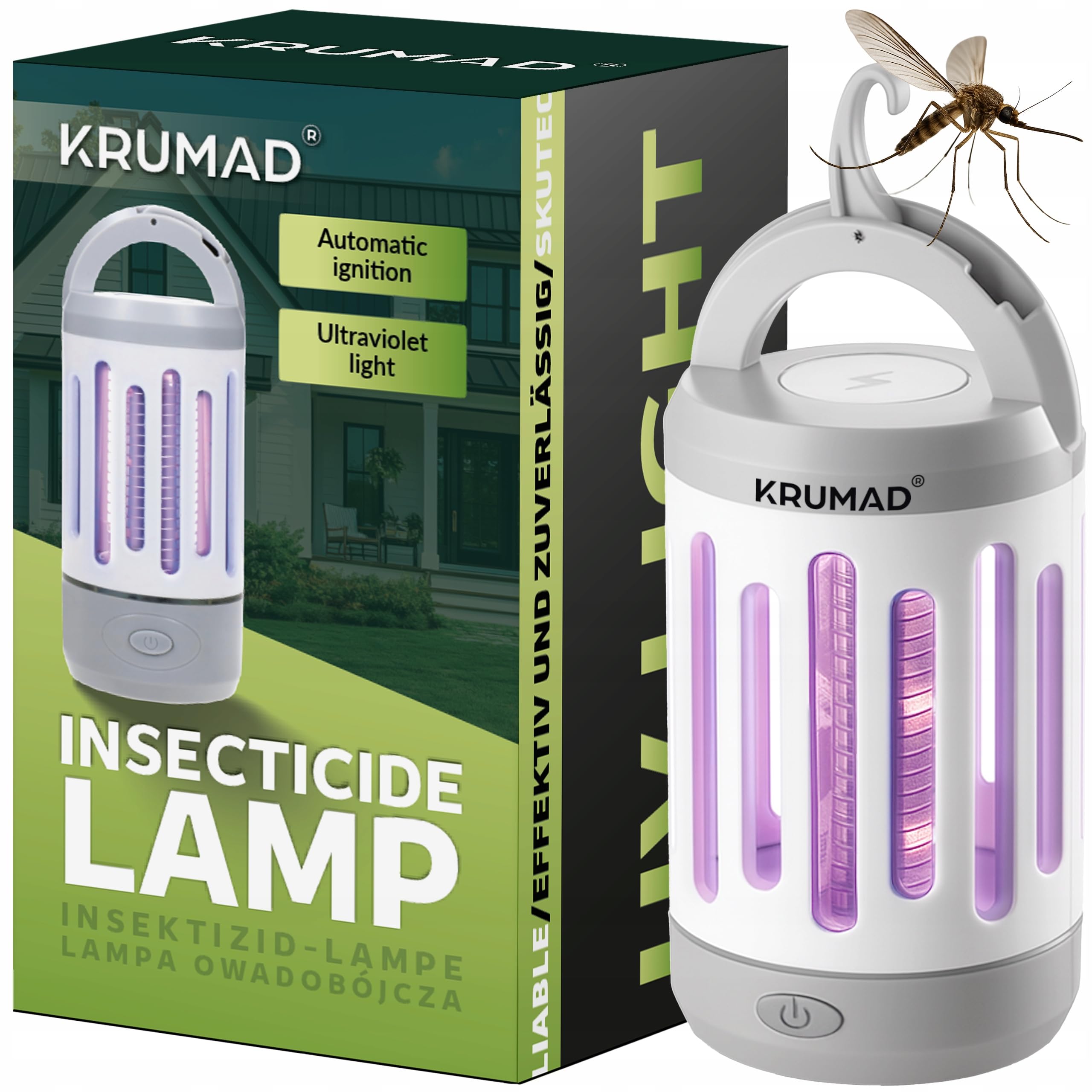 KRUMAD Lampa owadobójcza UV LED 5W, przenośna bezprzewodowa z akumulatorem i ładowaniem USB, lampa na komary i muchy do domu i na zewnątrz, pułapka elektryczna na owady