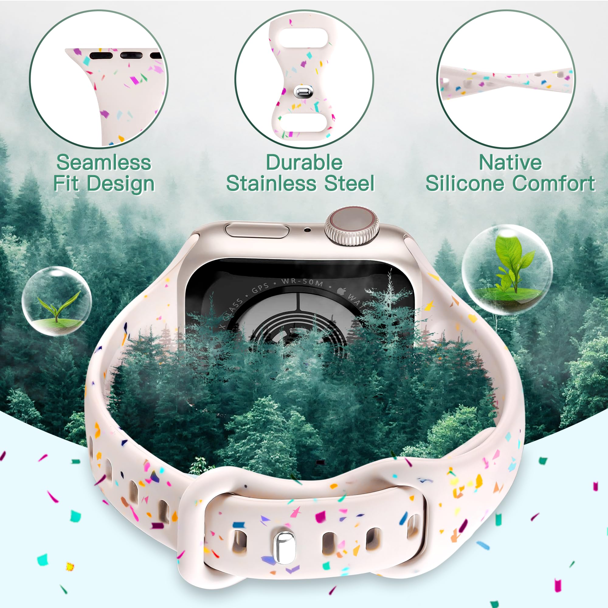 YGTIECS Nature Friendly Sport Band Compatible with Apple Watch Band 41mm 40mm 38mm 45mm 44mm 42mm 49mm for Women Men, Breathable Silicone Slim Soft Band for iWatch Series 9 8 7 6 SE 5 4 3 2 1 Ultra1/2
