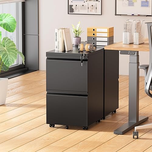 Miniatura 2 de Pataku Archivador de 2 cajones, archivadores pequeños con cerradura, archivador de metal con 2 cajones, archivadores para oficina en casa, tamaño