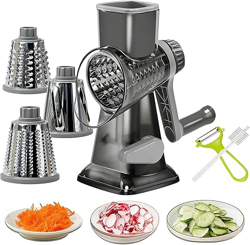 Rallador de queso, rotativo, triturador de queso versátil, cuchillas para triturar, rallar, rebanar, triturador de queso con base de succión y Gris