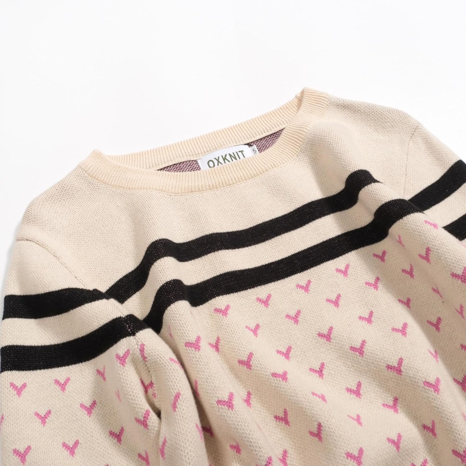 OXKNIT Women's Knit Long Sleeve T-Shirts, 1960s Mod Style Retro Bird and Heart Pattern Crewneck Casual Knitted Tops