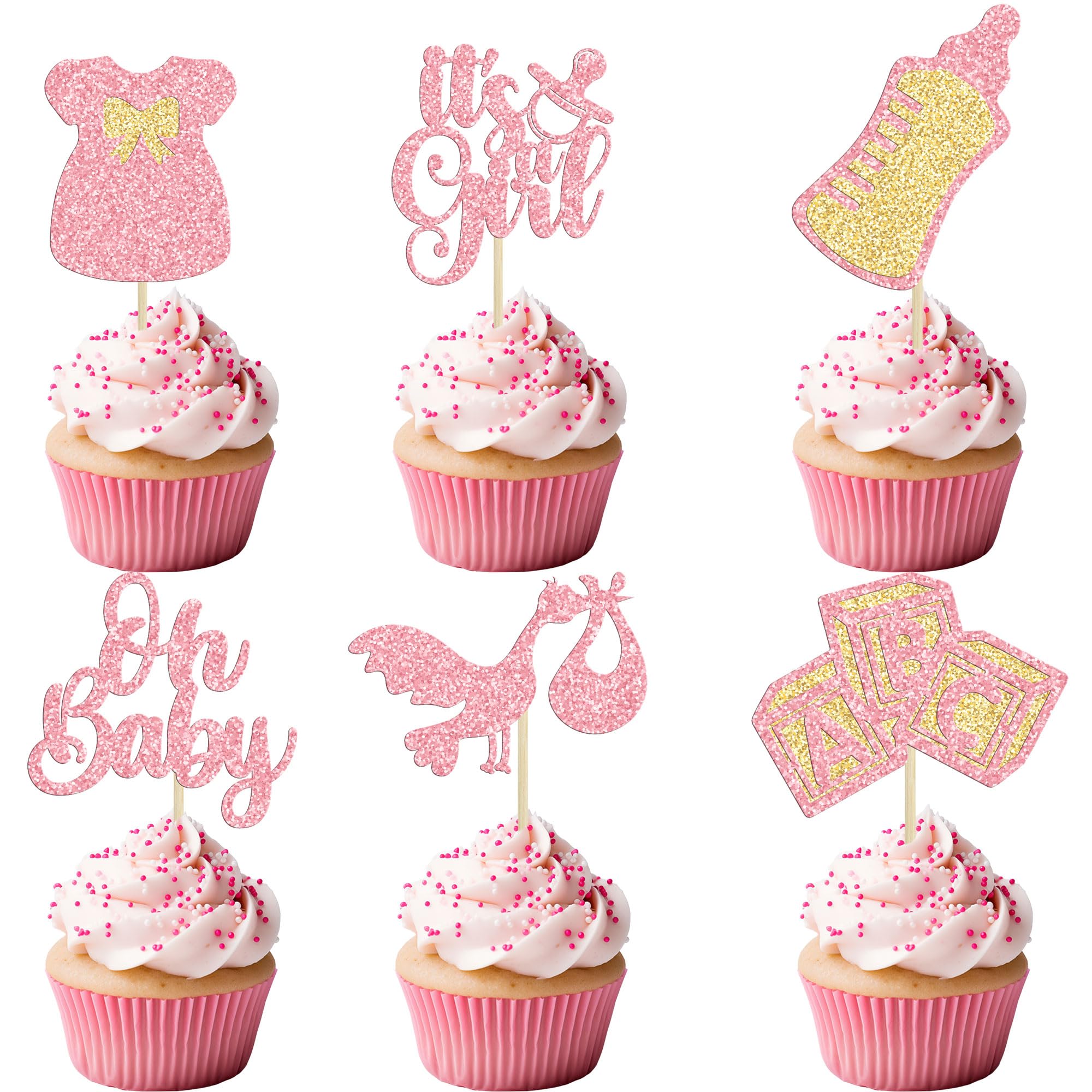 Gyufise 24Pcs Oh Baby Cupcake Toppers Glitter It's a Girl Cupcake Picks Bow Dress Baby Bottle Baby Shower Cake Decorations for Gender Reveal Baby Shower Kids Girls Birthday Party Supplies Pink
