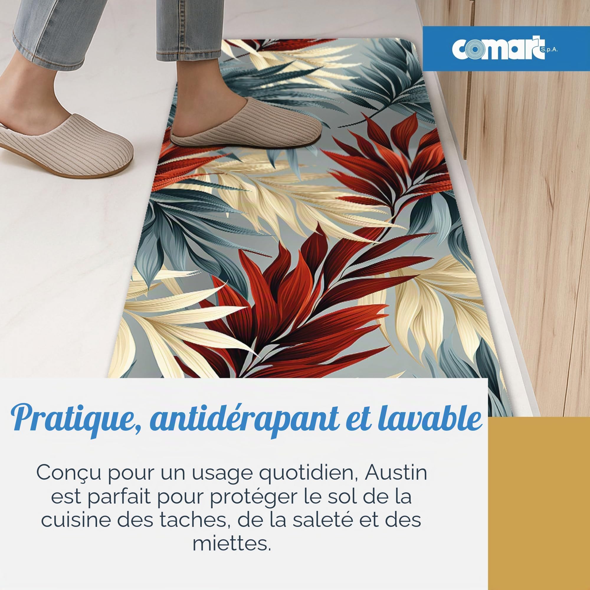 Comart - Tapis Cuisine Austin - Imperméable - 50x100 - Feuilles Tropicales