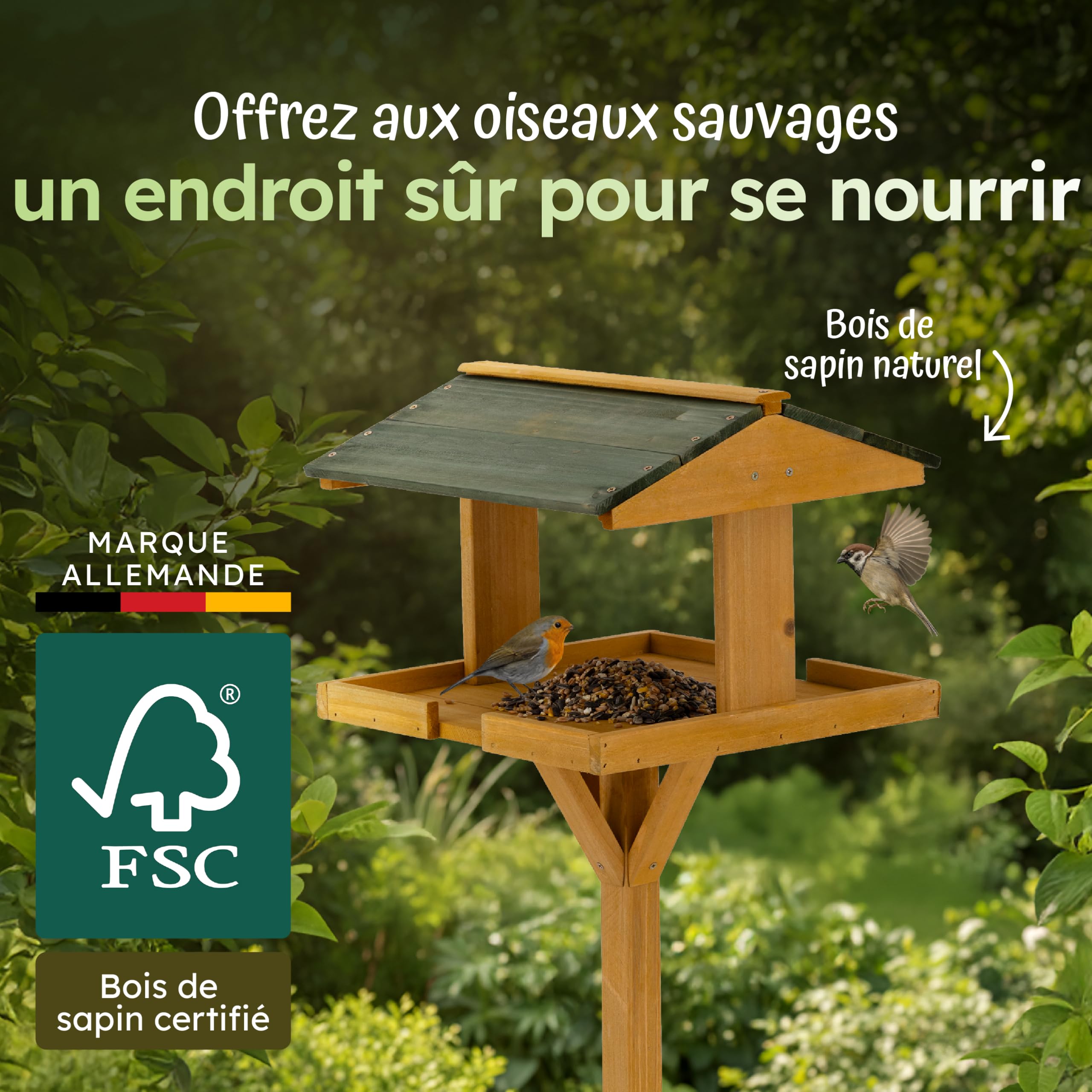 Moorland Nichoir Mangeoire Oiseaux Exterieur sur Pied 116 cm avec Toit – Grande Mangeoire Cabane Oiseaux en Bois de Sapin pour Jardin Balcon Terrasse – Résistant aux Intempéries Toute l'Année – VH5