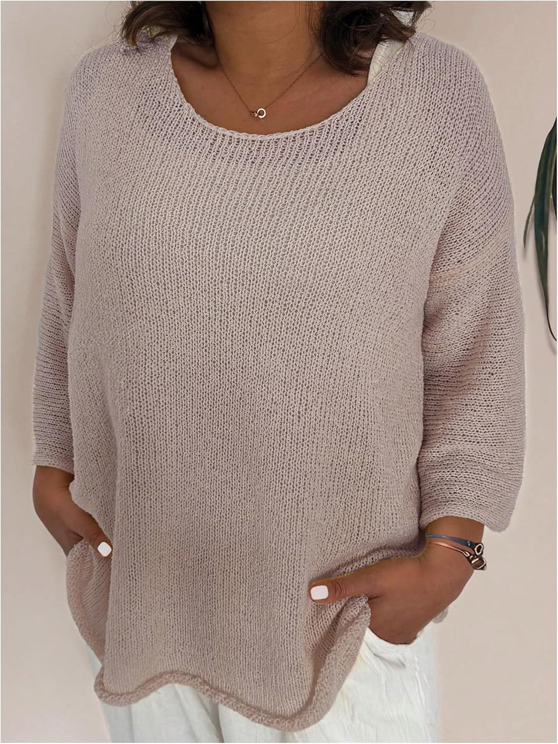 Verdusa Women's Plus Size Boat Neck 3/4 Sleeve Sweater Drop Shoulder Loose Knitted Pullovers - Image 3