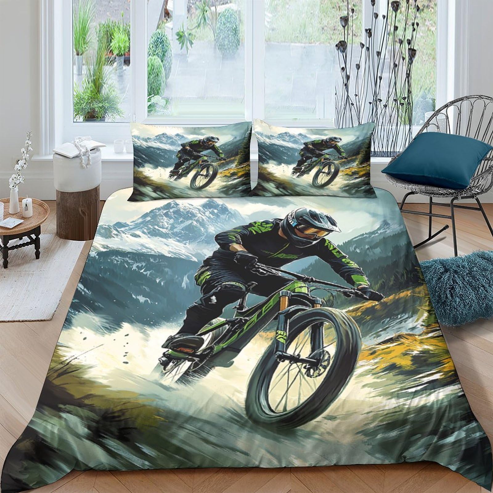 Ctjqhvkz Style-2 3D Printed Mountain Biking Fitted Sheet Microfiber Soft Breathable Downhill Cyclist Mattress Cover For Bedroom Dorm Decor Single（135X200cm）