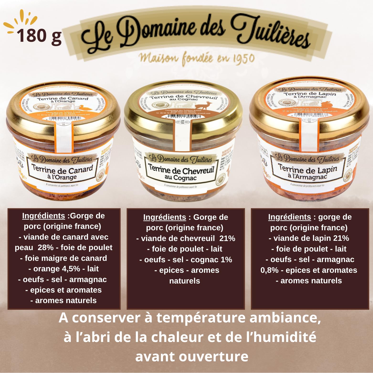 Trio de Terrines - Chevreuil/Canard/Lapin sans conservateurs artificiels | 3 bocaux de 180g pour un apéritif ou une entrée réussis