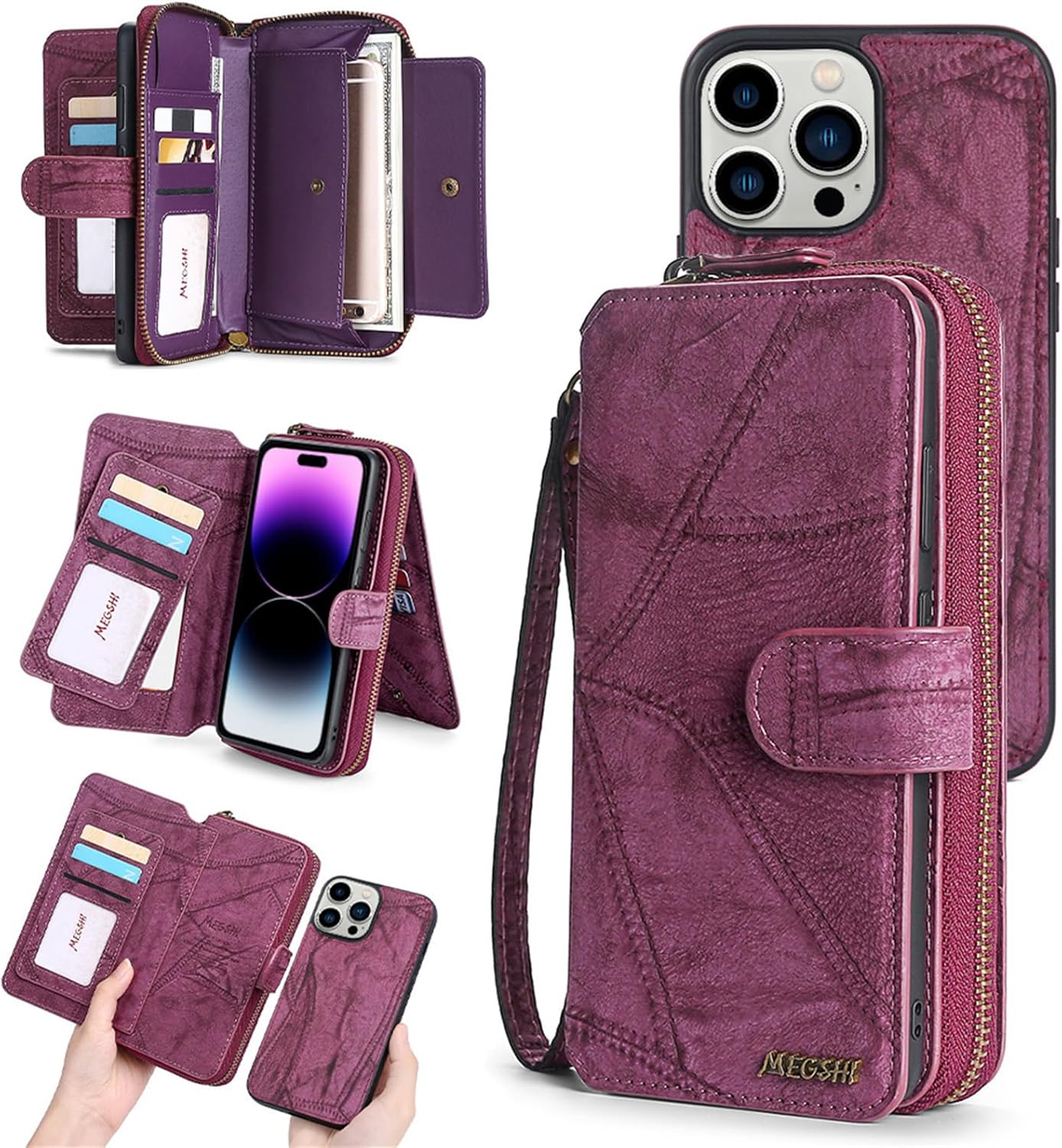 Wallet Case for iPhone 15 Pro Max/15 Pro/15 Plus/15, Strong Magnetic Detachable PU Leather Flip Folio Shockproof Cover with Wristlet Strap Zipper Credit Card Slots