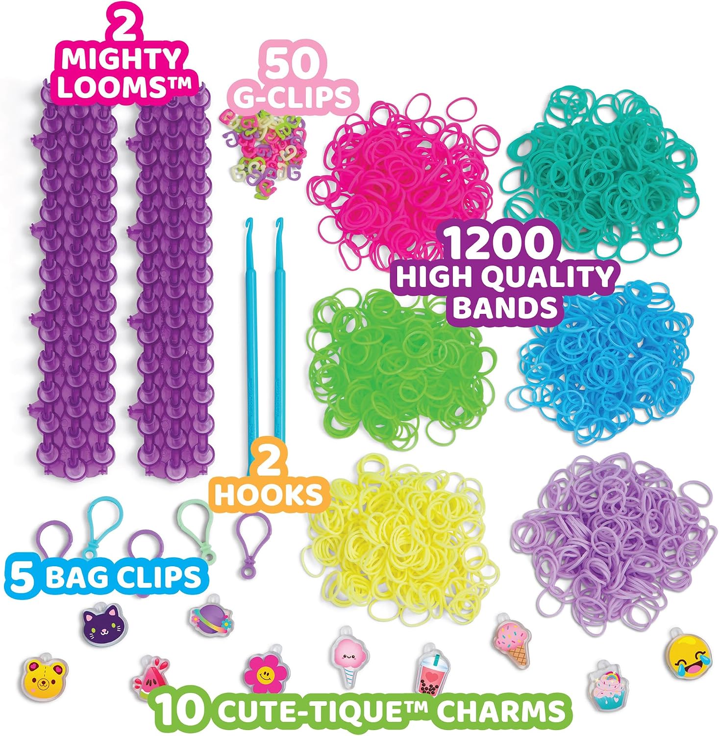 Rainbow Loom Mighty Loom - 1200+ Piece Rubber Band Bracelet Making Kit | DIY Jewelry Craft Set Includes 2 Connectable Looms, 10 Charms, 2 Hooks & 50 G-Clips for Keychains, Kids 7+