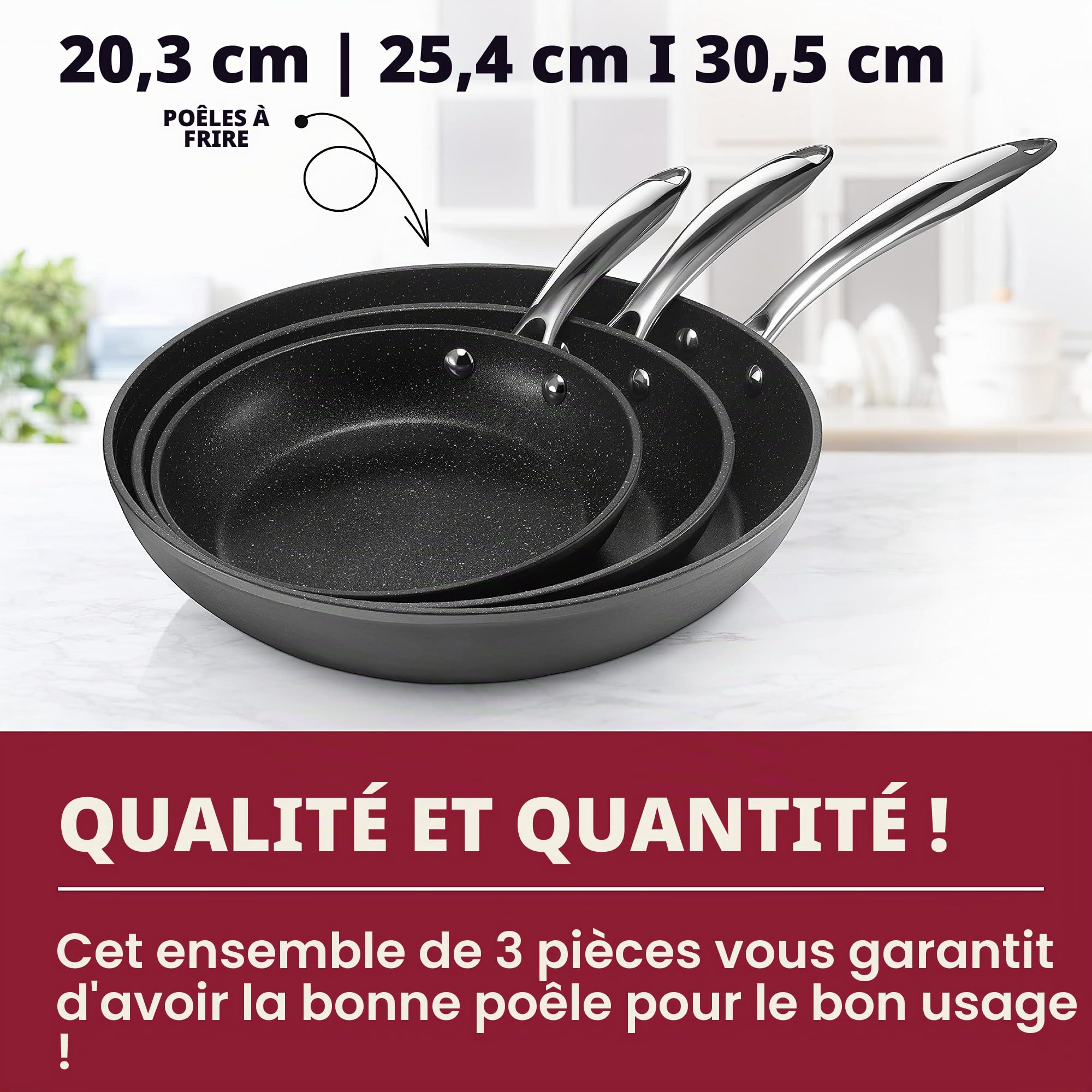 GRANITESTONE Pro anodisé dur | Ustensiles de cuisine de 8 », 10 » et 12 », 100% sans PFOA, allant au four, au lave-vaisselle et aux ustensiles