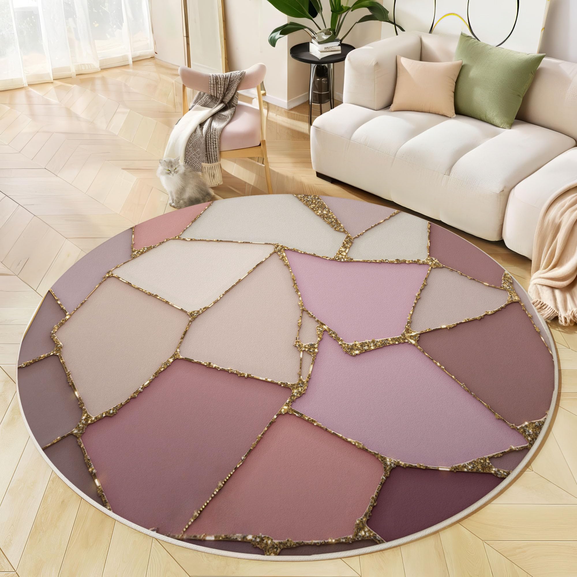 Tapis rond salon 100cm antidérapant marbre géométrique rose