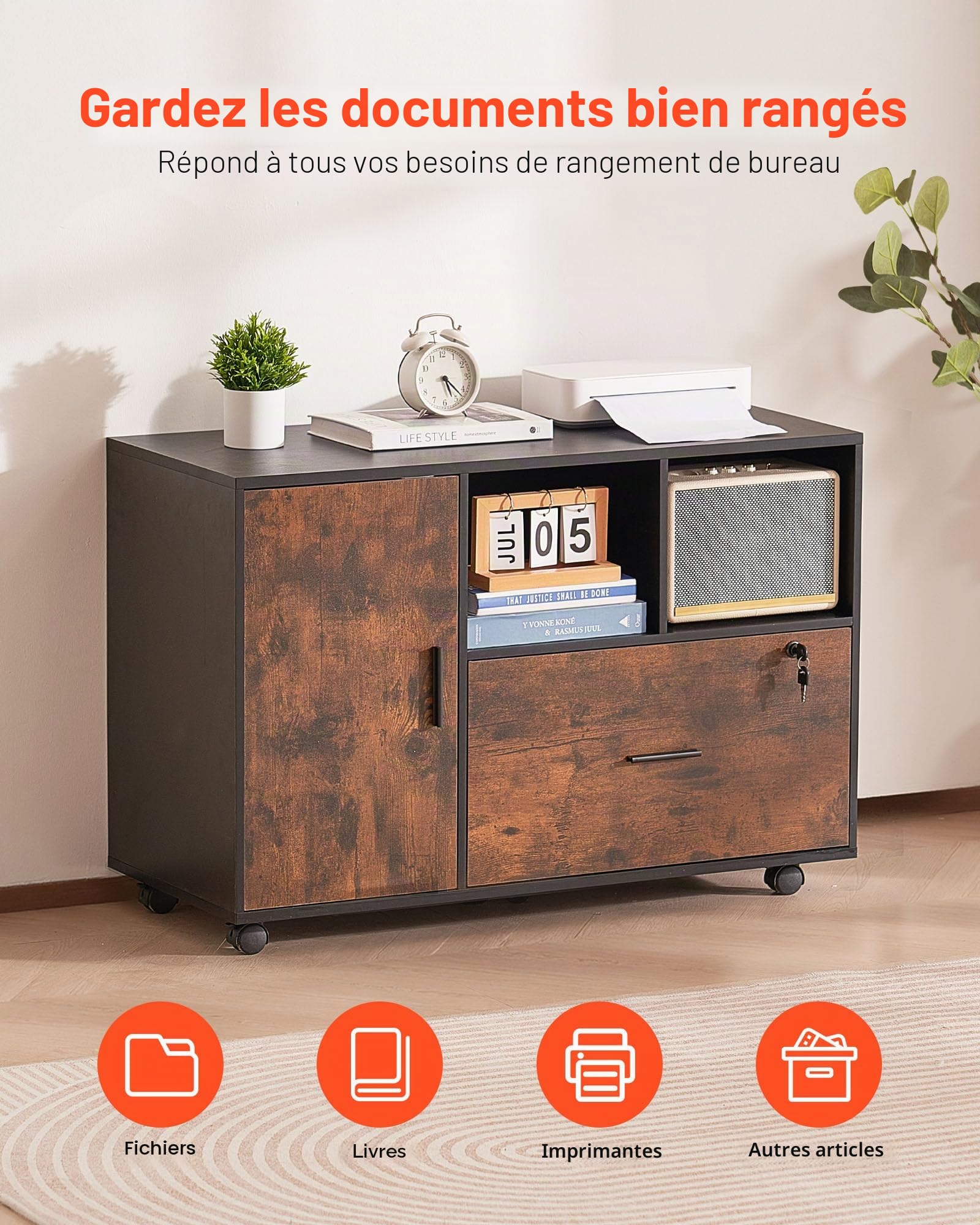VEVOR Classeur Dossier Mobile en Bois, Meuble de Rangement de Bureau avec Étagères Ouvertes et Tiroir Verrouillable, Support d'Imprimante Autonome, pour Maison, Bureau, École, Marron Rustique