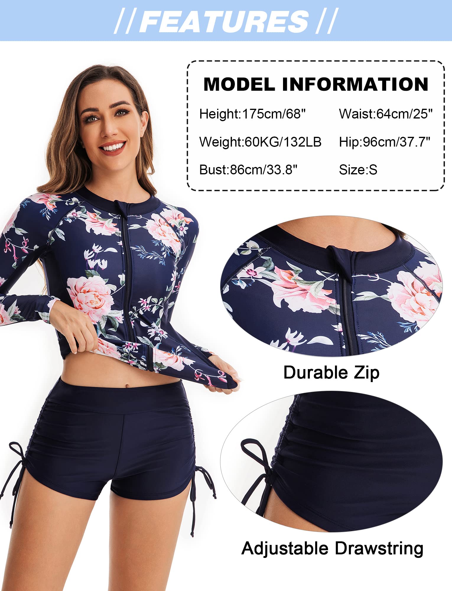 Maillots de Bain 2 Pièces Femmes Manche Longue Rashguard Deux Pièces Femme Mode Col Rond Surf Natation Sport Vêtements de Plage
