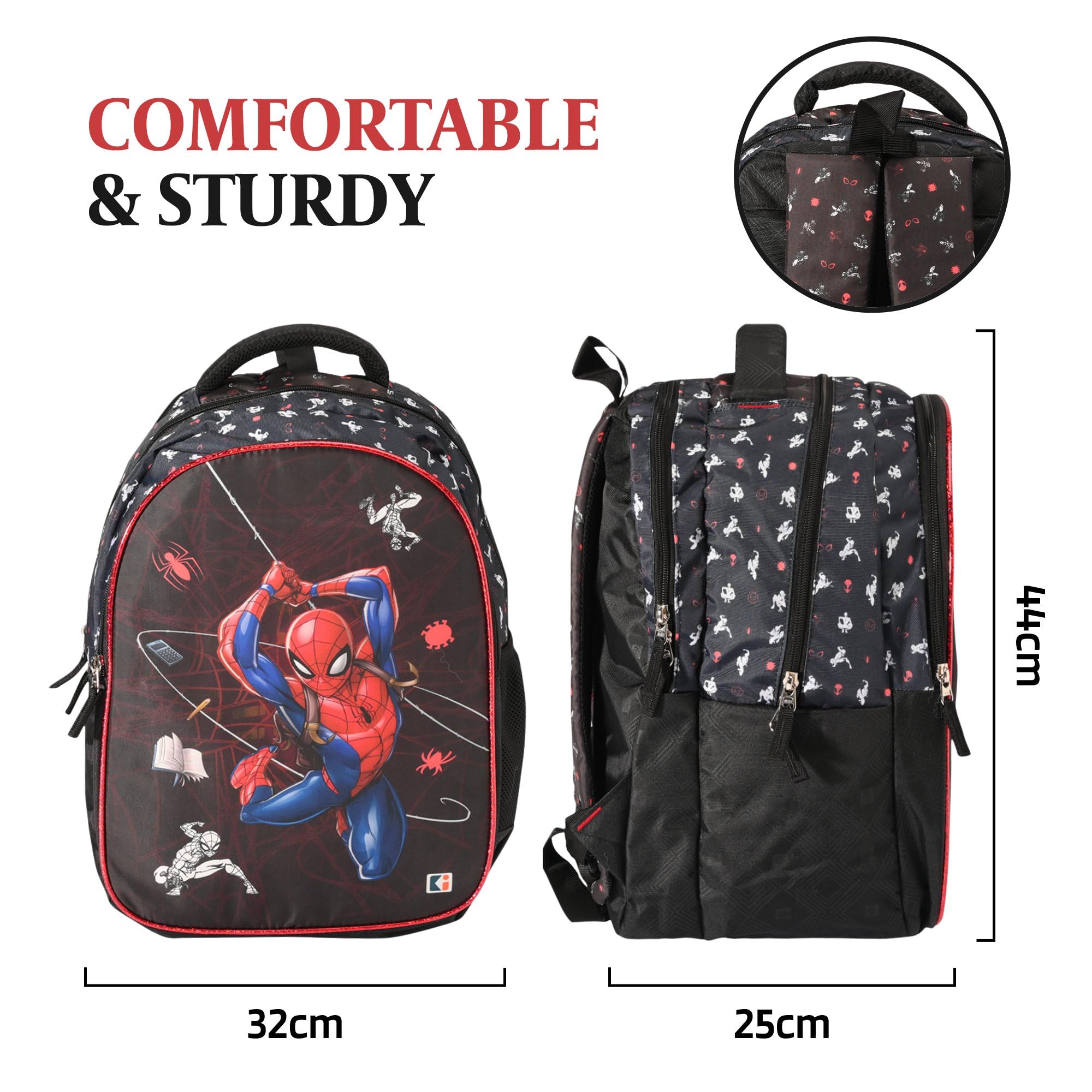 Kuber Industries Plecak szkolny Marvel Spiderman dla chłopców i dziewcząt, plecak podróżny z 4 przegródkami, wodoodporna torba na książki, torba do codziennej rutyny, torba szkolna, dla dzieci, czarny