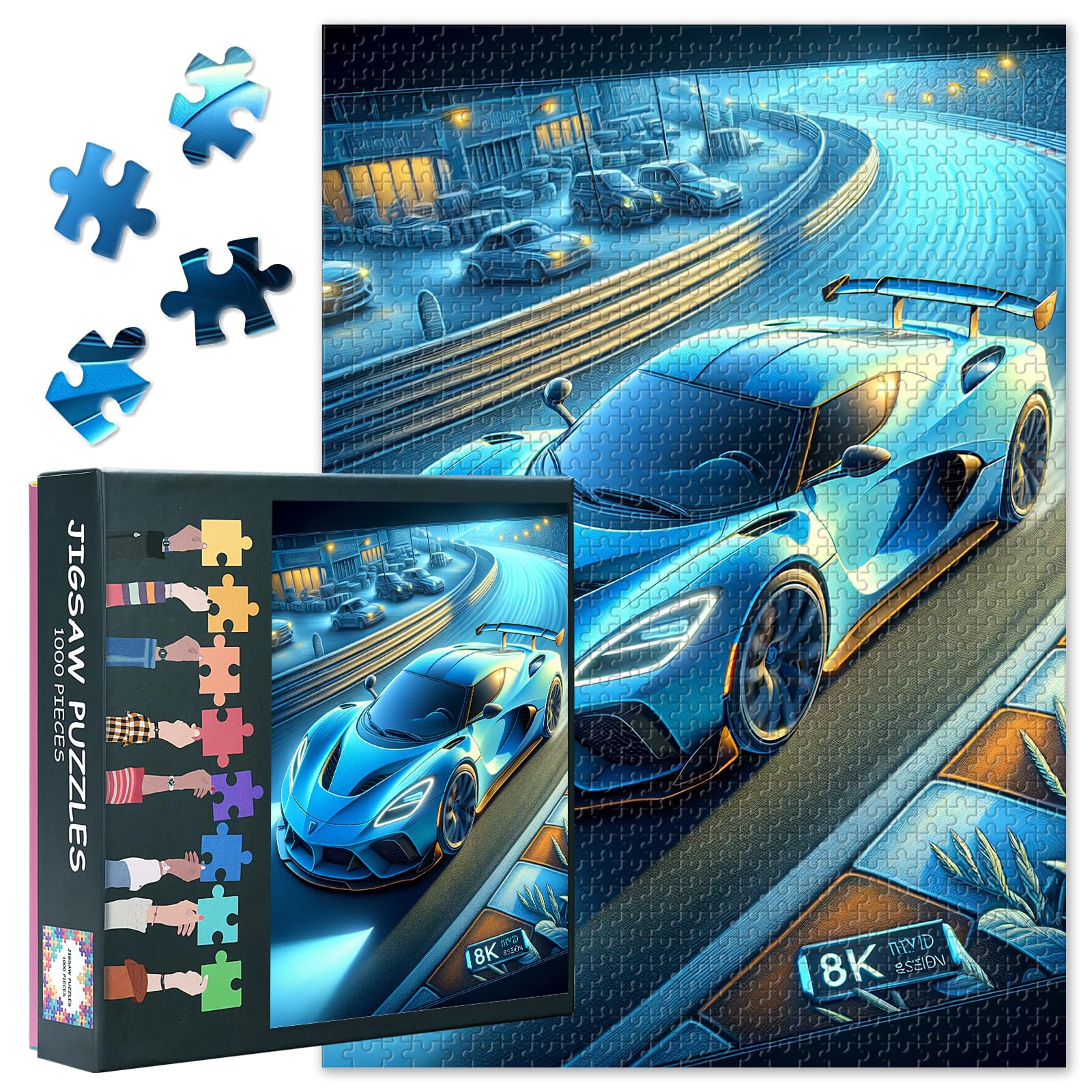Jigsaw Puzzles for Adults 1000 Pieces, Blue Sports Car Was Speeding Along the Track Puzzle, Impossible Challenging Jigsaw Puzzles for Adults, 19.5 x 27.5 Inch — image 1