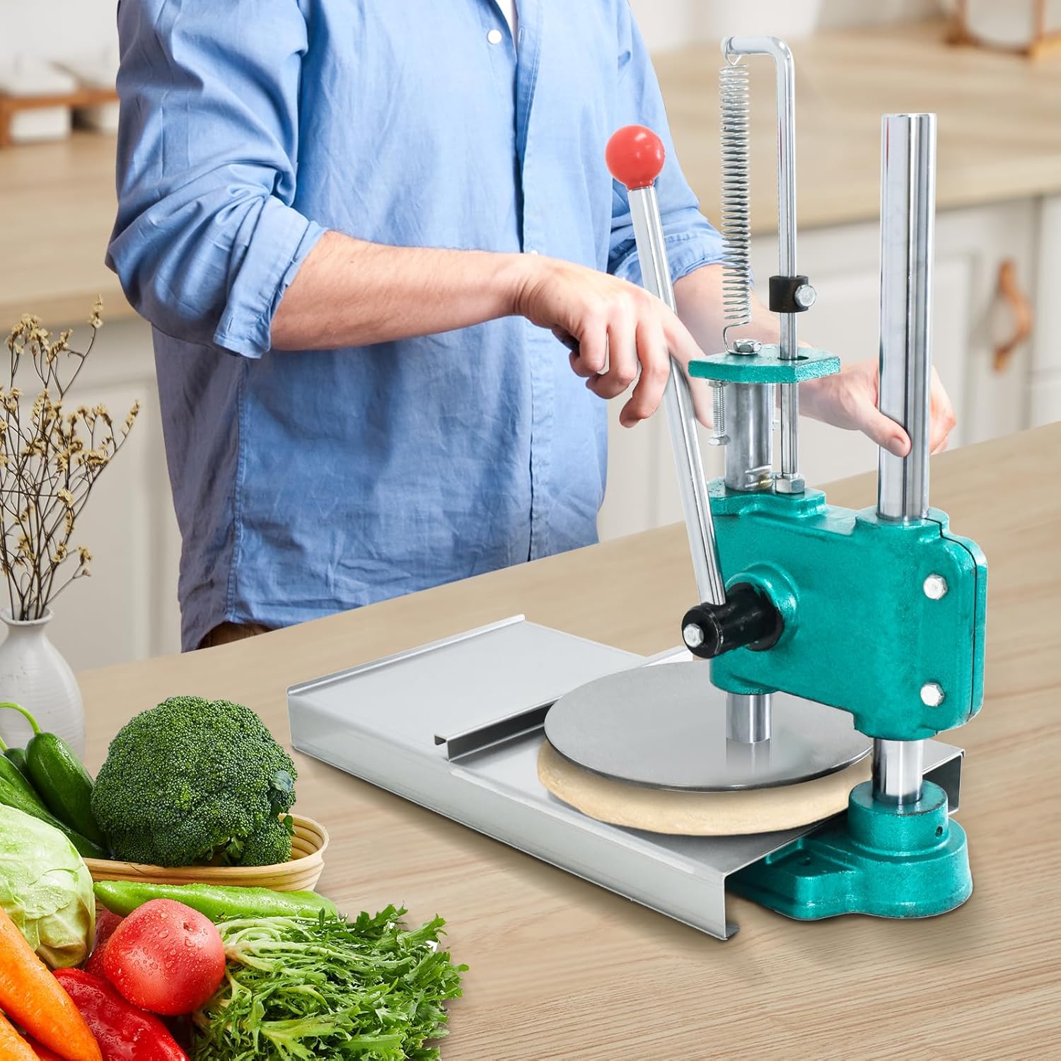 9.5 Inch Manual Pizza Dough Press Machine, Household Dough & Pastry Press, Adjustable Thickness, Dough Maker for Pizza Crust, Hand Pies, Soft Rolls, Meatloaf