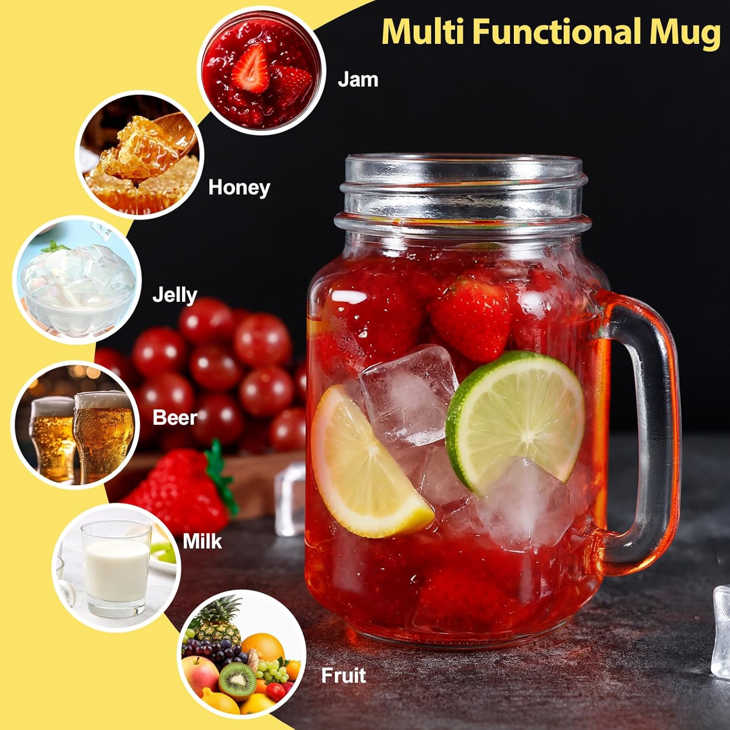 CACSO 12 Pcs 16 oz Mason Jar Cups Reusable Glass Mugs with Handle and Lids, Mason Jars for Drinking, Glass Jars for Juice, Beverages, Iced,Cocktails 12 Pack Cups