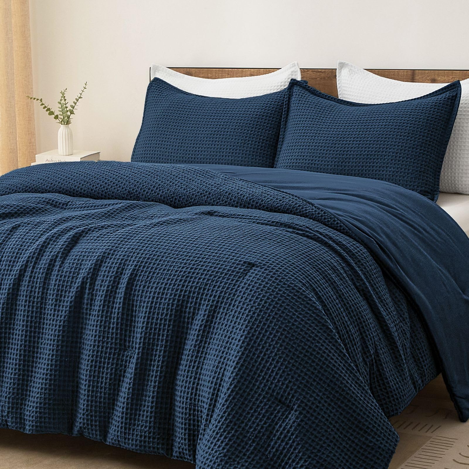 PHF Waffle Weave 3-Piece Comforter Set in Navy Blue