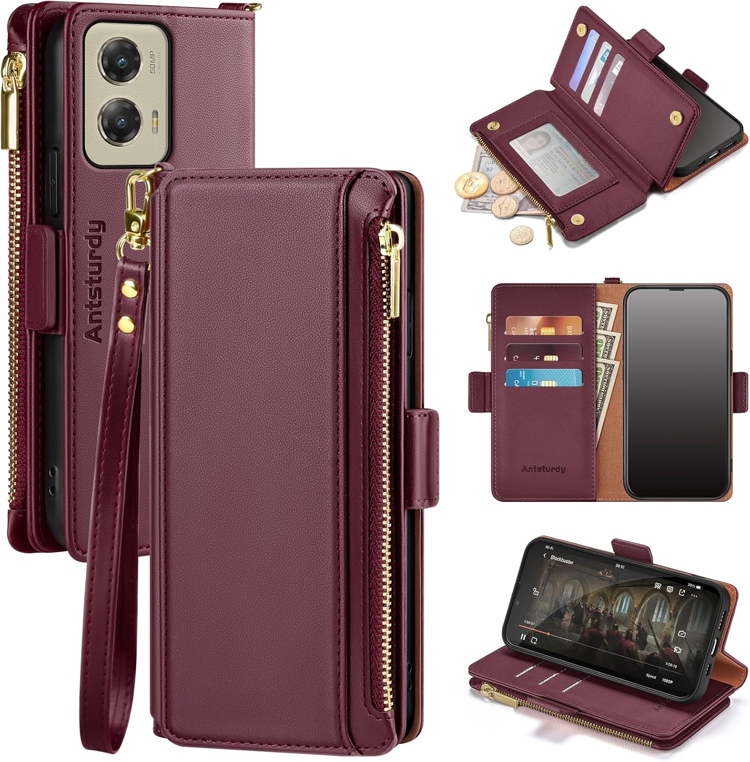 Antsturdy Compatible with Motorola Moto G Stylus 5G 2024 Wallet Case with Card Holder,Women Men PU Leather Flip Protective Phone Case RFID Blocking Stand Wrist Strap Zipper Credit Card Slots,Wine Red
