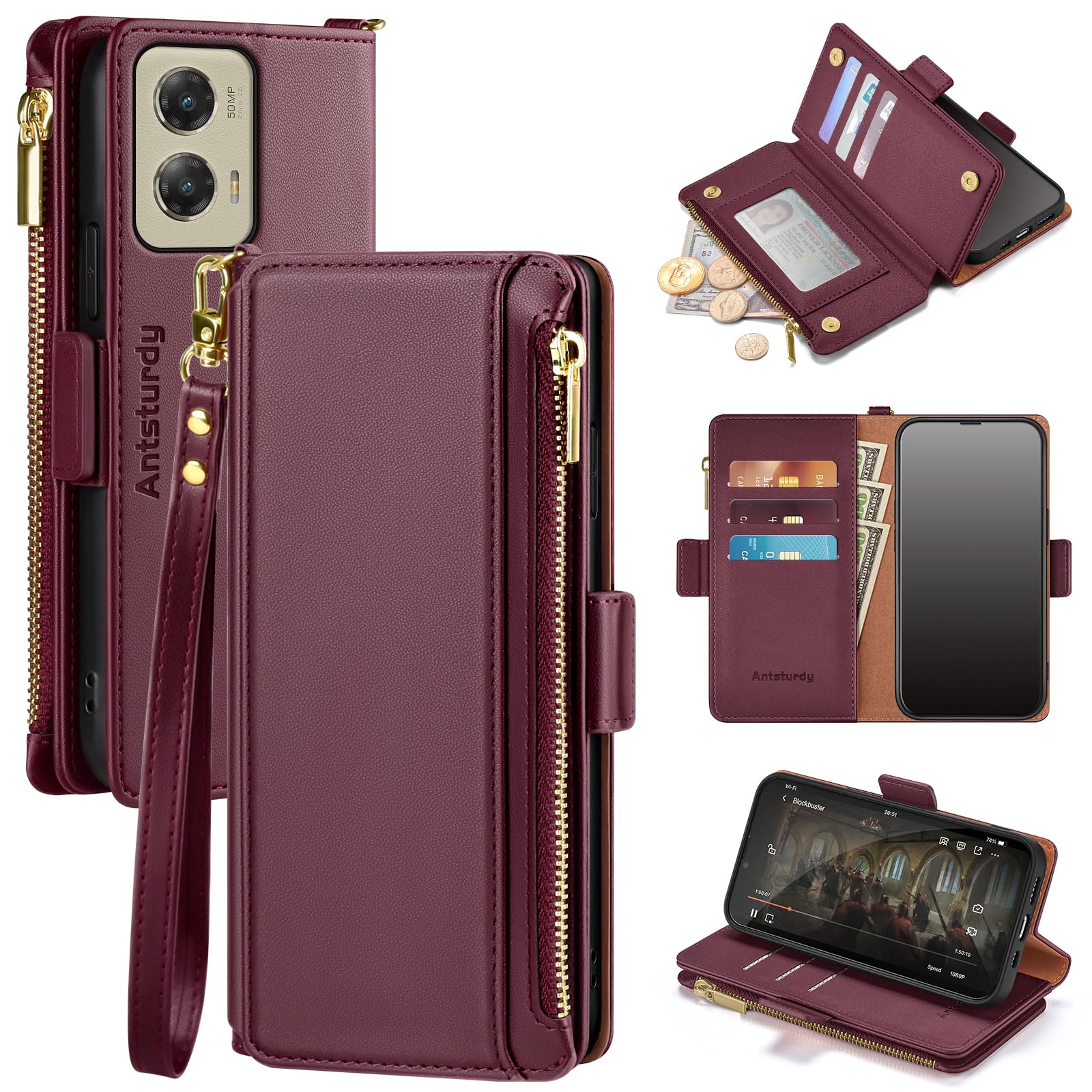 Antsturdy for Motorola Moto G Stylus 5G 2024 Wallet case with Card Holder,for Women Men,Moto G Stylus 5G 2024 Phone case PU Leather Flip Cover Strap Zipper Credit Card Slots RFID Blocking,Wine Red