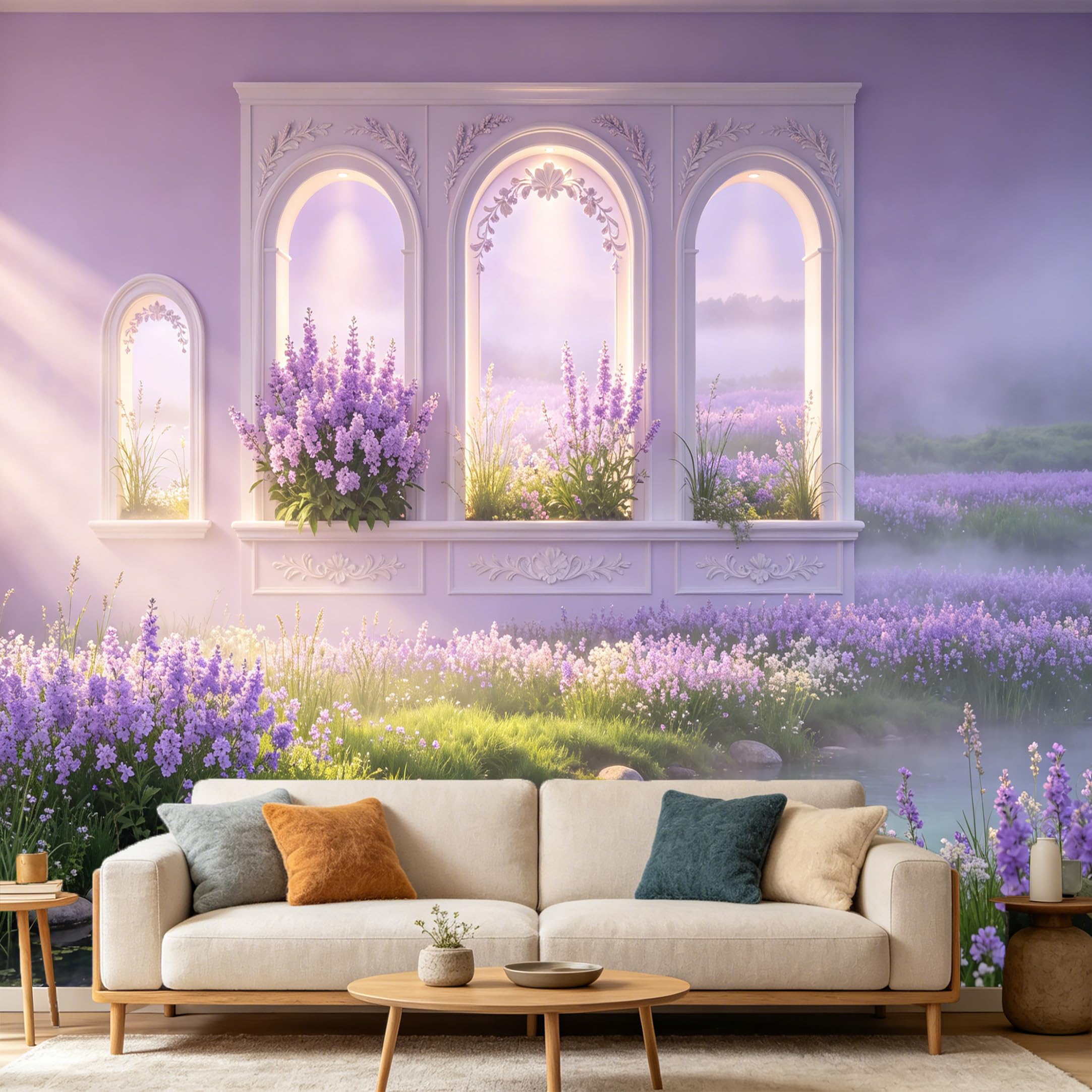 Custom Size Wall Mural， 3D Trompe L'Oeil Lavender Field Archway Window Lake Scenery， SelfAdhesive Art Prints wall Fabric Removable Large Wallpaper Home Living Room Decor