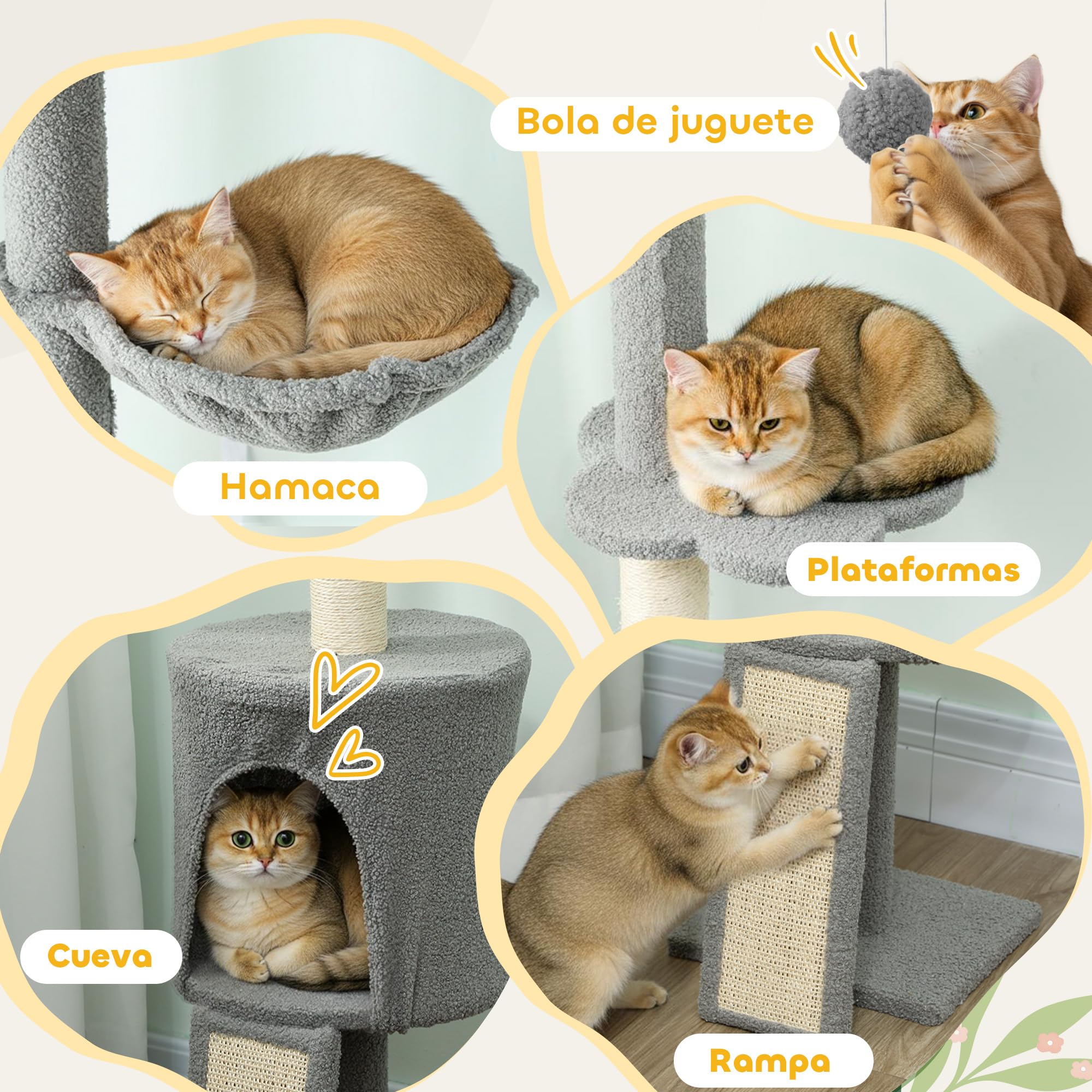 PawHut Árbol para Gatos de Suelo a Techo Regulable 220-240 cm Gris Claro | Torre para Gatos, Hamaca, Plataformas en Forma de Flor, Cuevas, Rampa, Bola