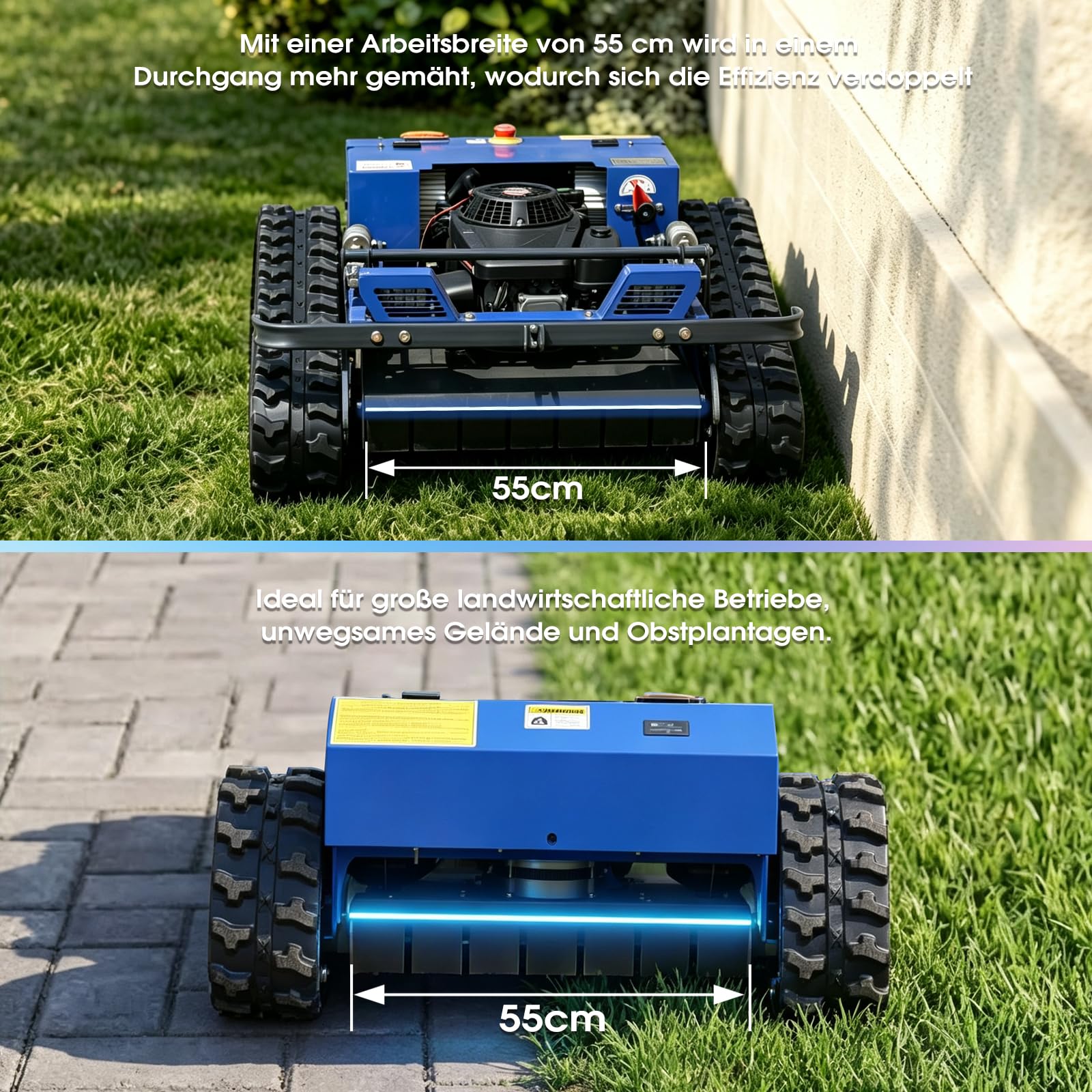 Tondeuse tout-terrain RC - 9 CV essence 55 cm pente 45° lame remboyant 1600W brushless zéro cycle de rotation - cour, plantation de fruits, herbe dense - tondeuse à chenilles professionnelle