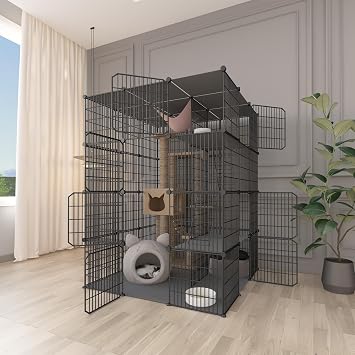 Large 4-Tier Cat Cage Indoor, DIY Cat Enclosures Detachable Metal Wire, Indoor Cat Crate Exercise Place Ideal for Kitty, Small Animals Black, 41.3" L x 41.3" W x 55" H, 1