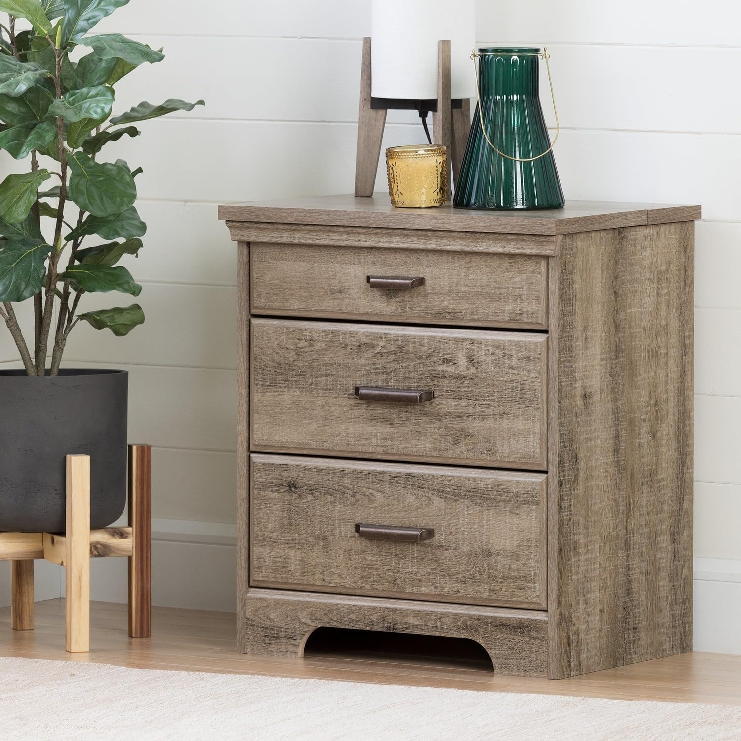HomeStock French Country Nightstand with Charging Station and 3 Drawers, Metal Drawer Slides, Floor Mountable in Weathered Oak - 17.5" D x 23" W x 27.75" H